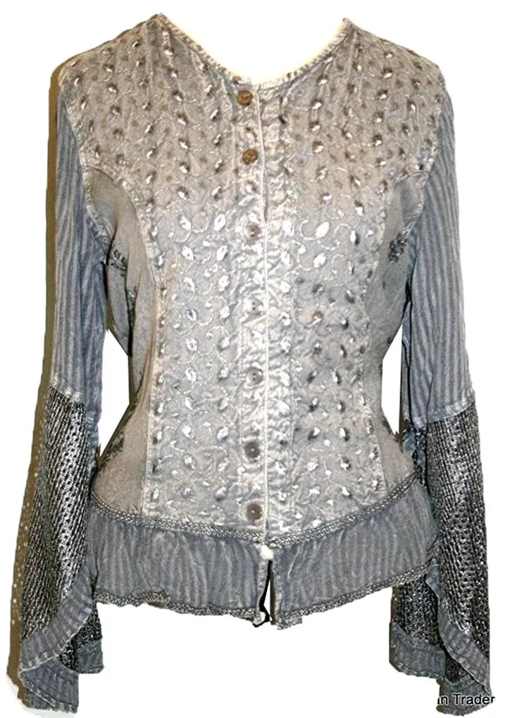 103 B Embroidered Net Ruffle Sheer Lace Sleeve Blouse