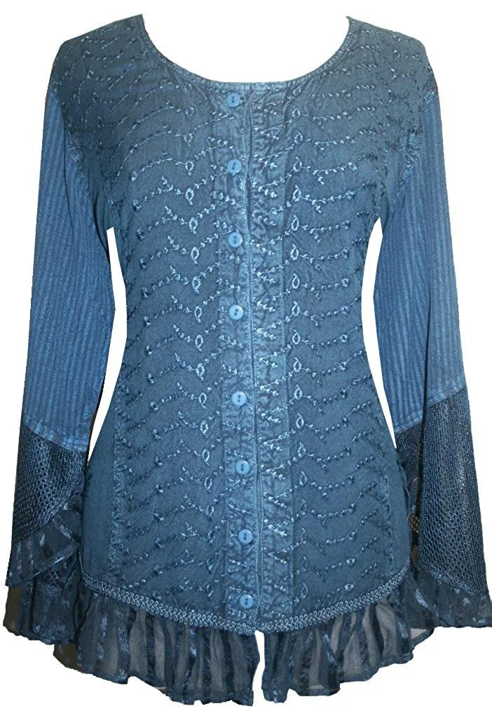 103 B Embroidered Net Ruffle Sheer Lace Sleeve Blouse