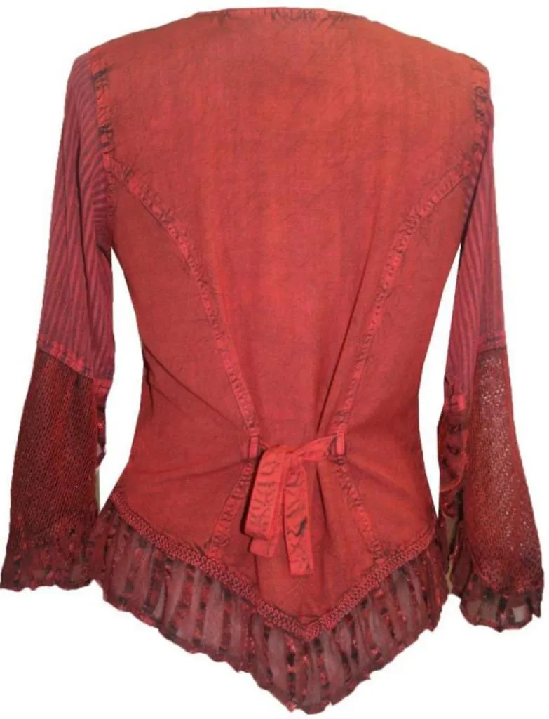 103 B Embroidered Net Ruffle Sheer Lace Sleeve Blouse