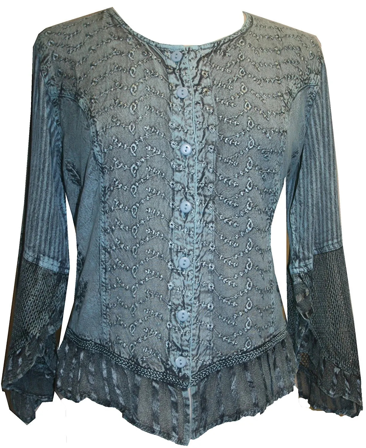 103 B Embroidered Net Ruffle Sheer Lace Sleeve Blouse