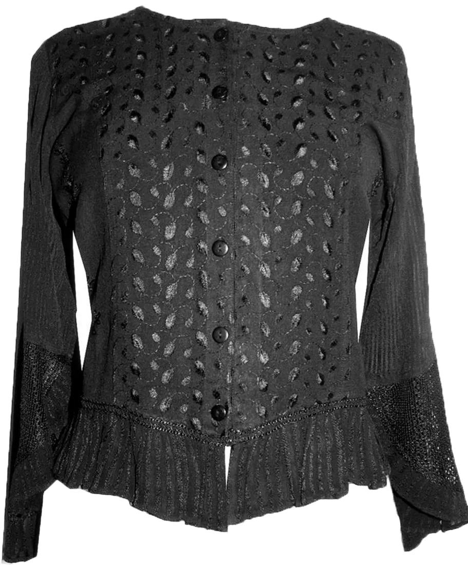 103 B Embroidered Net Ruffle Sheer Lace Sleeve Blouse