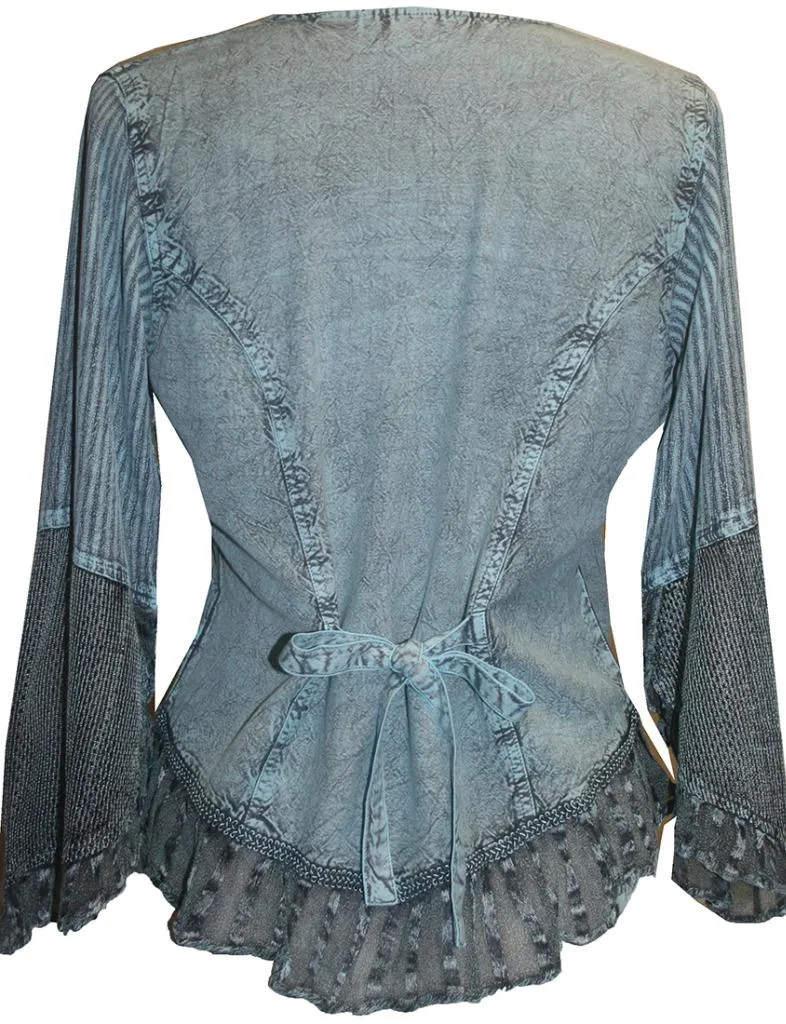 103 B Embroidered Net Ruffle Sheer Lace Sleeve Blouse