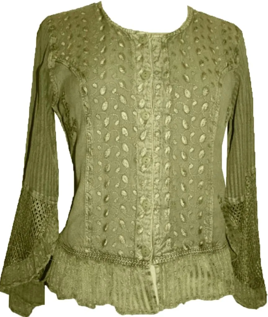 103 B Embroidered Net Ruffle Sheer Lace Sleeve Blouse