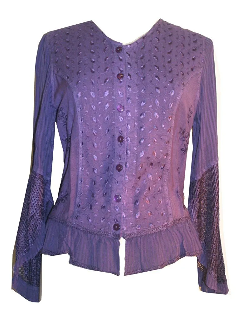 103 B Embroidered Net Ruffle Sheer Lace Sleeve Blouse