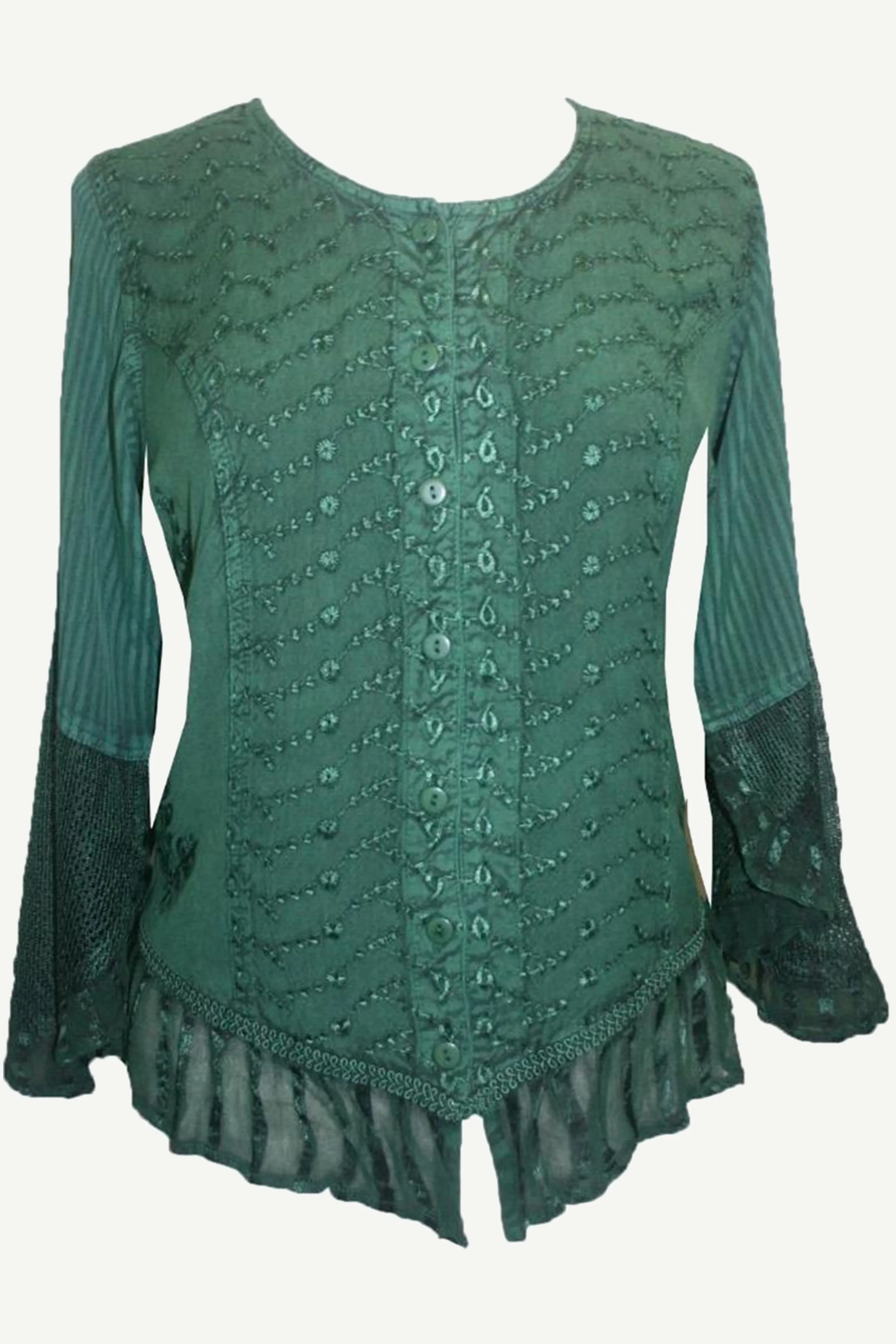 103 B Embroidered Net Ruffle Sheer Lace Sleeve Blouse