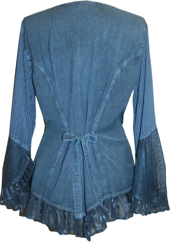103 B Embroidered Net Ruffle Sheer Lace Sleeve Blouse