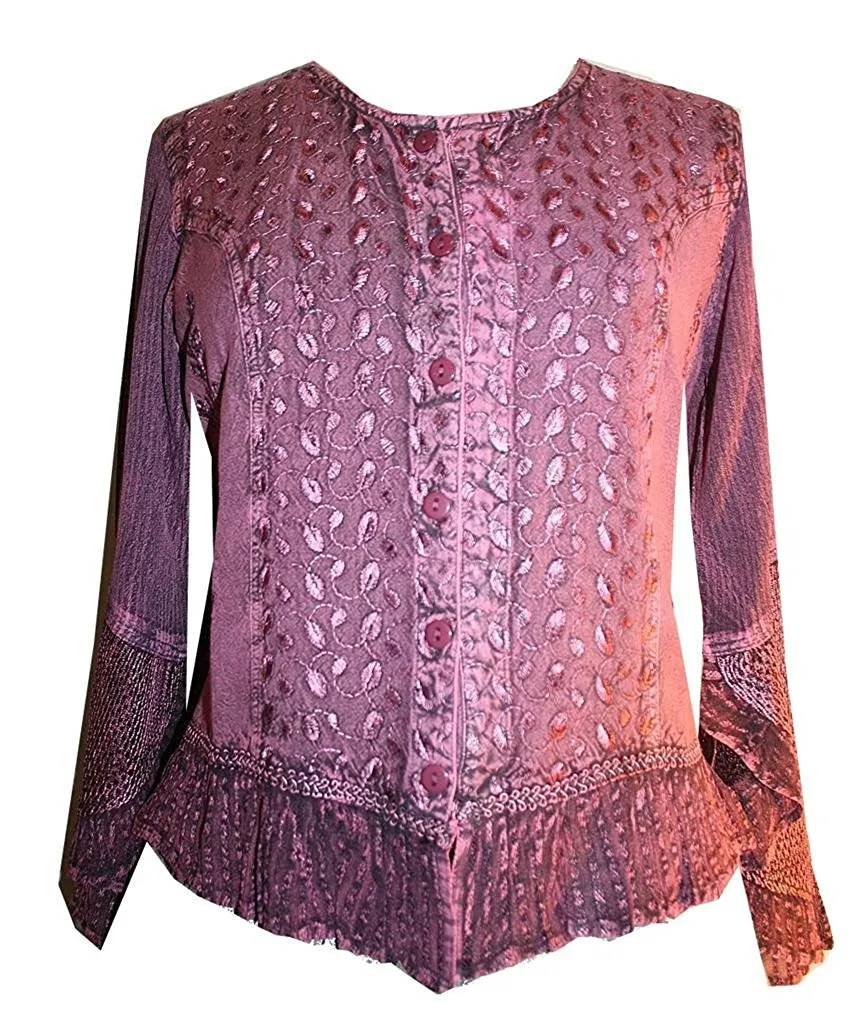 103 B Embroidered Net Ruffle Sheer Lace Sleeve Blouse
