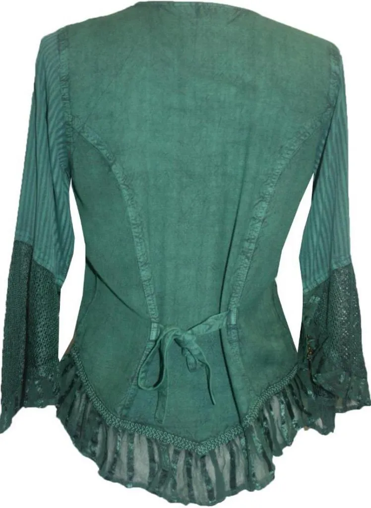 103 B Embroidered Net Ruffle Sheer Lace Sleeve Blouse