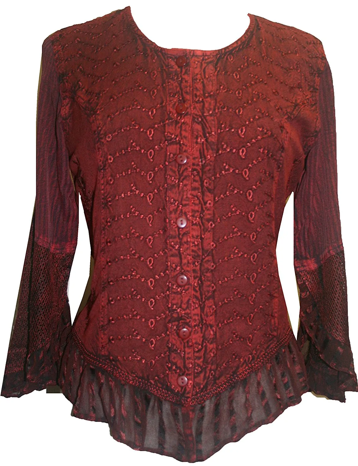 103 B Embroidered Net Ruffle Sheer Lace Sleeve Blouse
