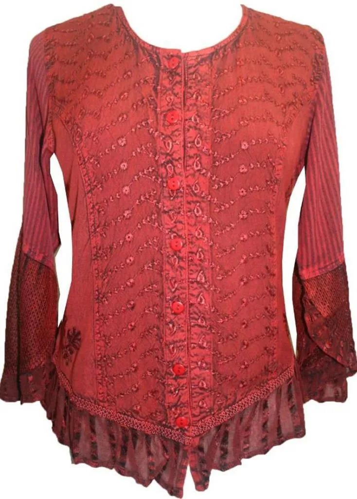103 B Embroidered Net Ruffle Sheer Lace Sleeve Blouse