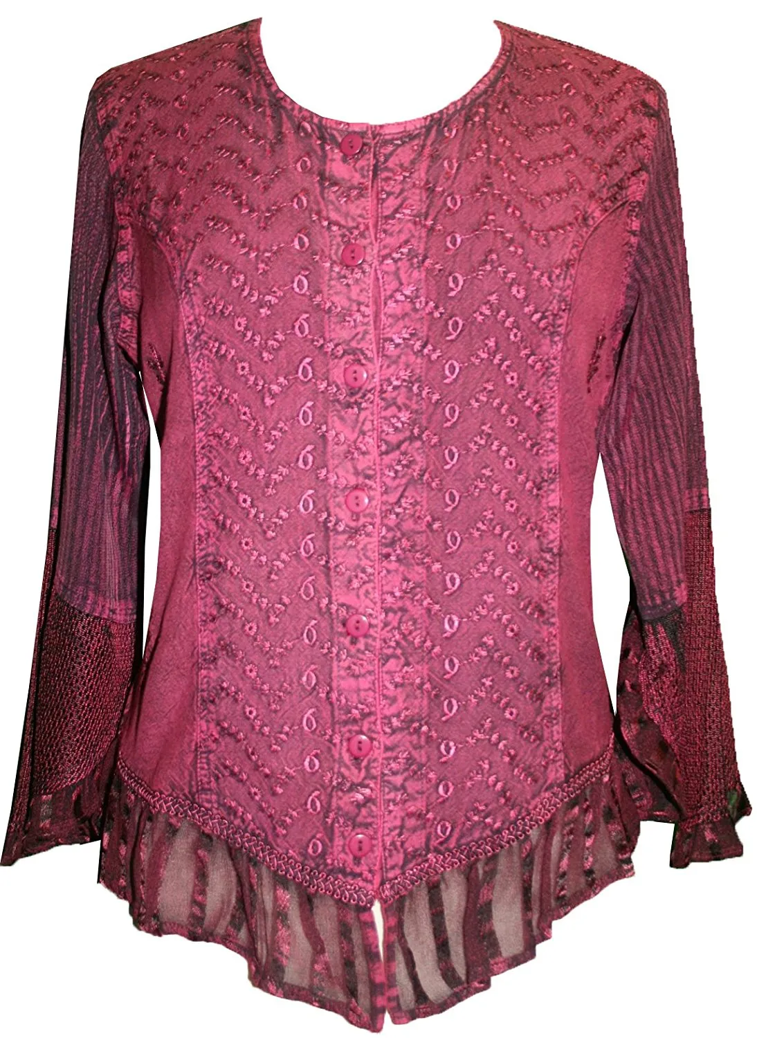 103 B Embroidered Net Ruffle Sheer Lace Sleeve Blouse