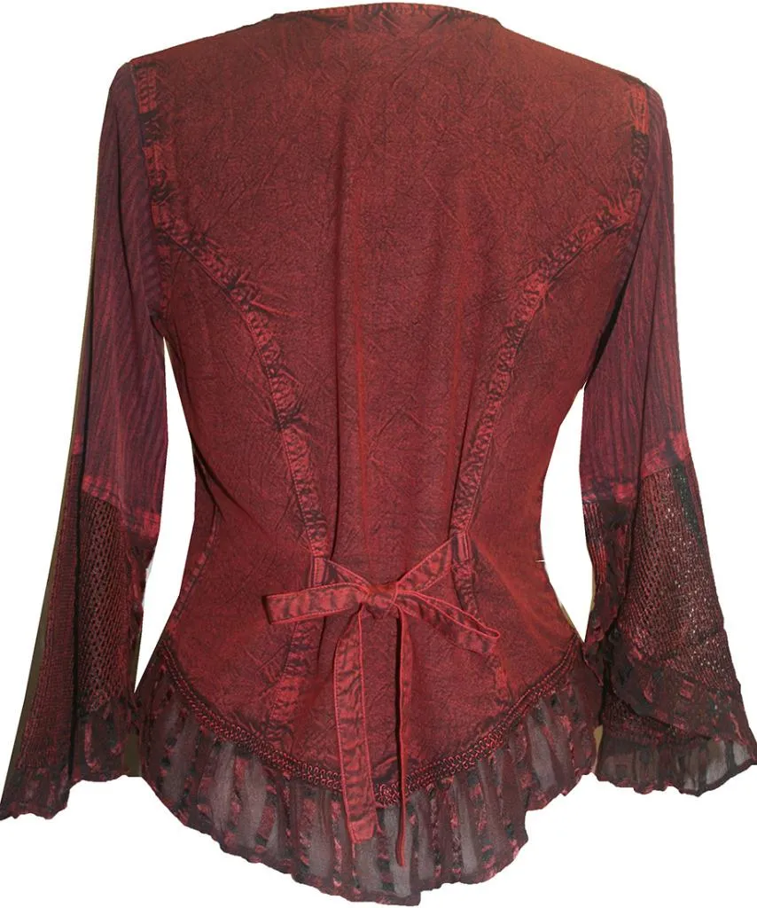 103 B Embroidered Net Ruffle Sheer Lace Sleeve Blouse