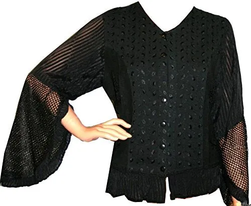 103 B Embroidered Net Ruffle Sheer Lace Sleeve Blouse