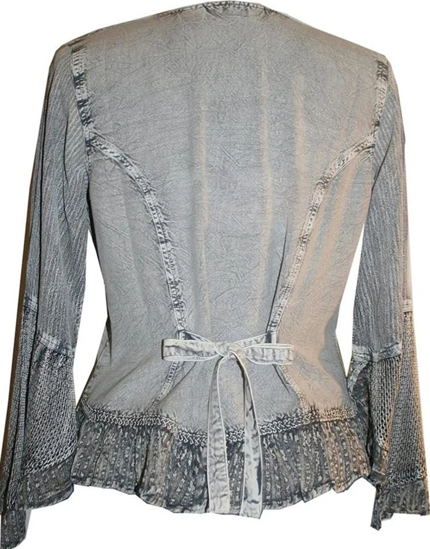 103 B Embroidered Net Ruffle Sheer Lace Sleeve Blouse