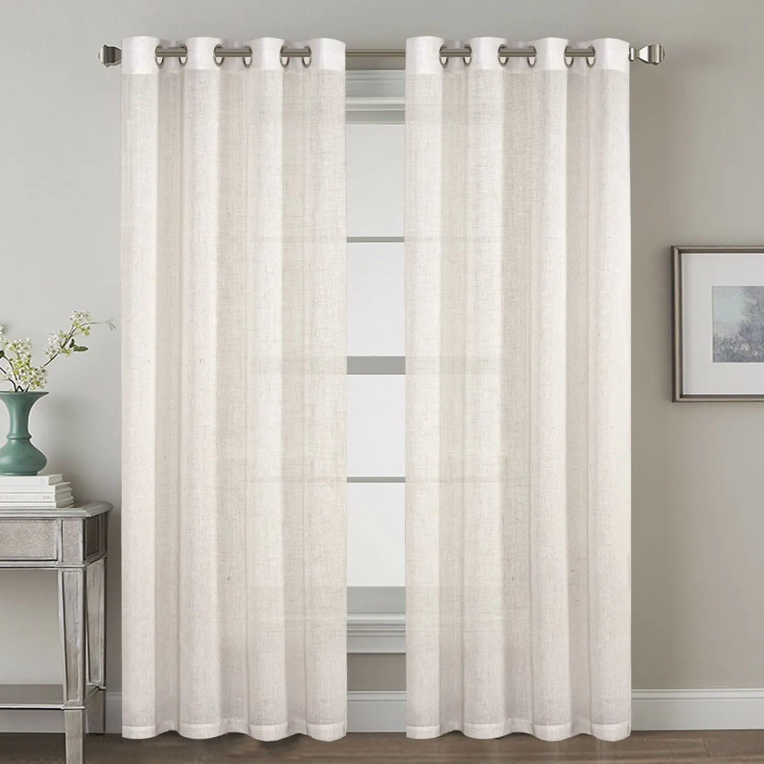 2x Natural Linen Curtains for Living Light Filtering Semi Sheer Window Draperies