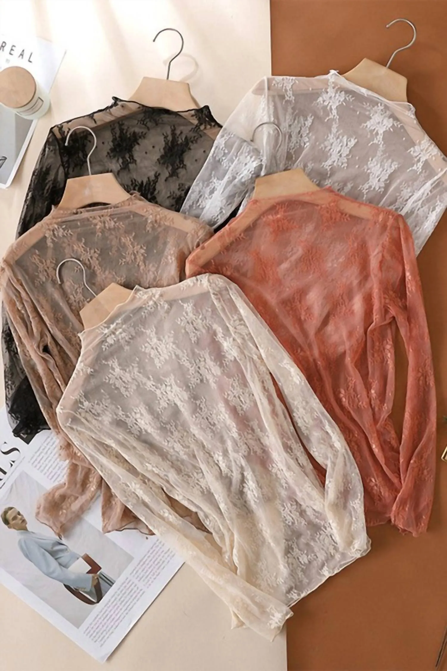 Accity - Women's Sheer Lace Long Sleeve Top