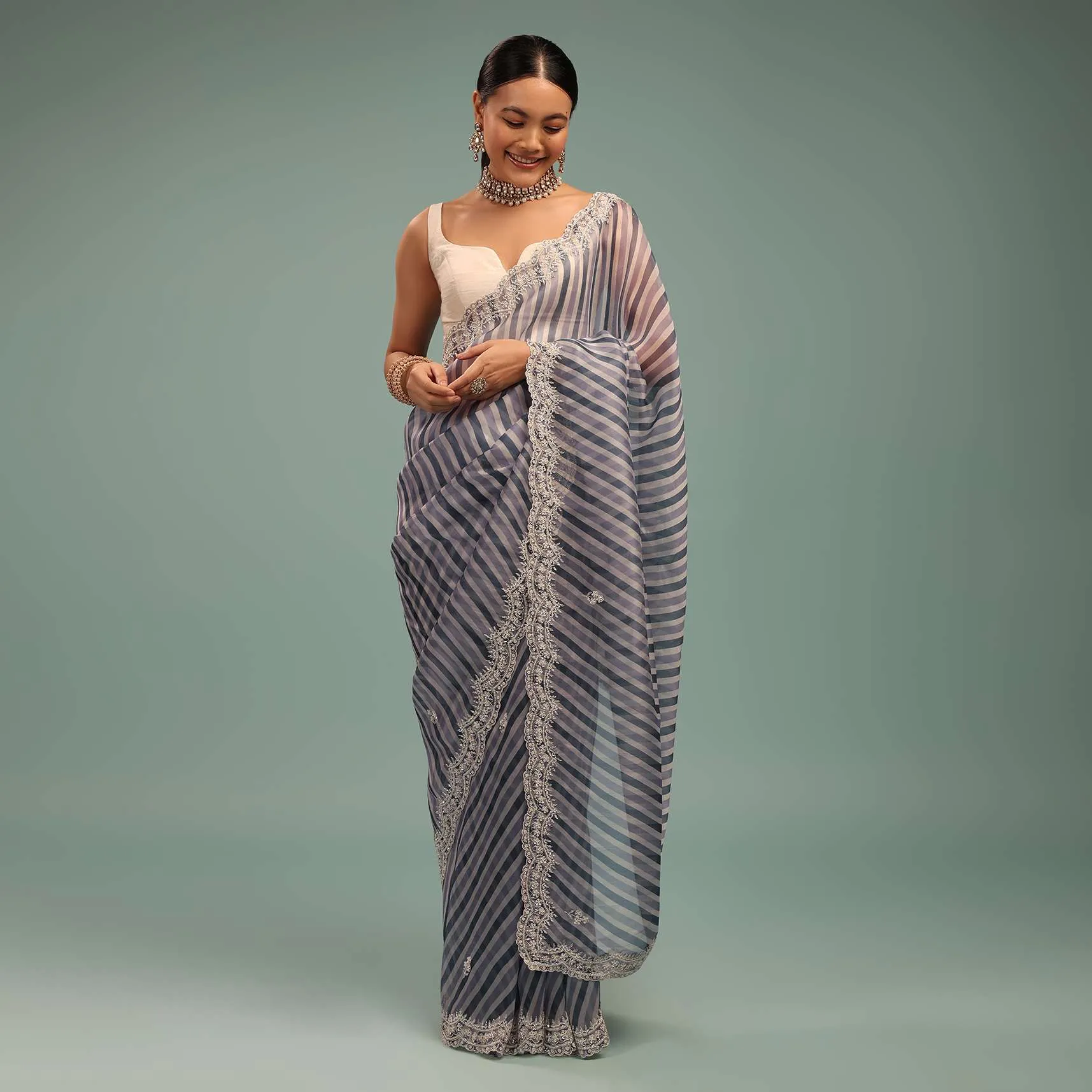 Airforce Blue Saree In Organza With Leheriya Print And Beads Embroidery