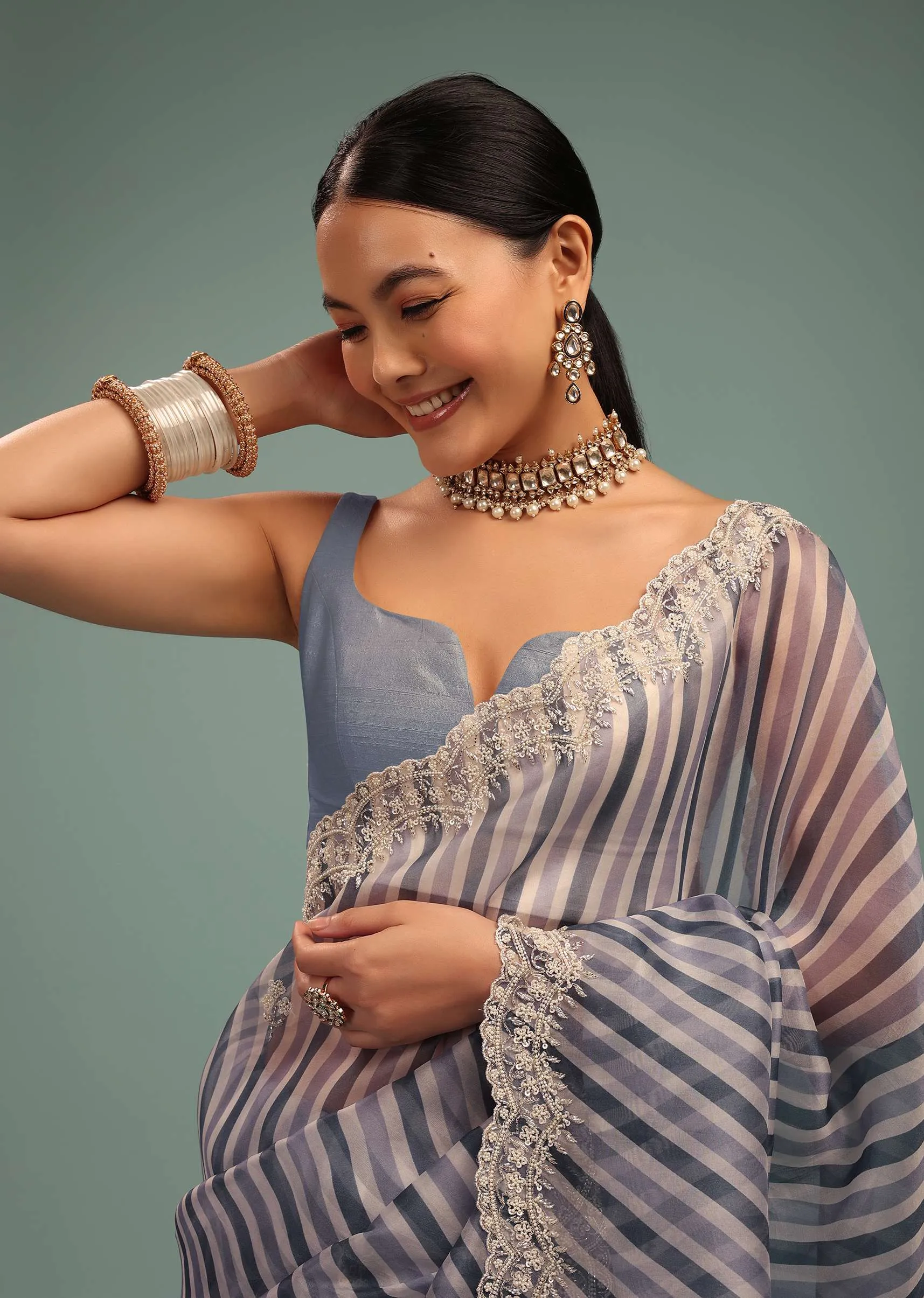 Airforce Blue Saree In Organza With Leheriya Print And Beads Embroidery