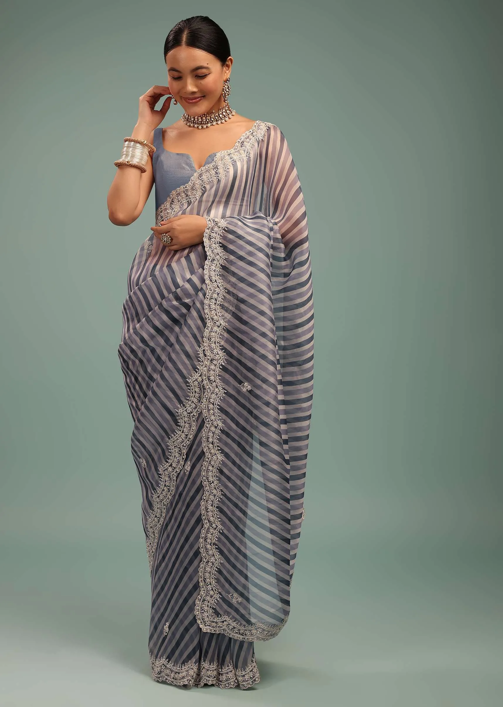 Airforce Blue Saree In Organza With Leheriya Print And Beads Embroidery