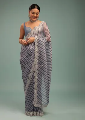 Airforce Blue Saree In Organza With Leheriya Print And Beads Embroidery