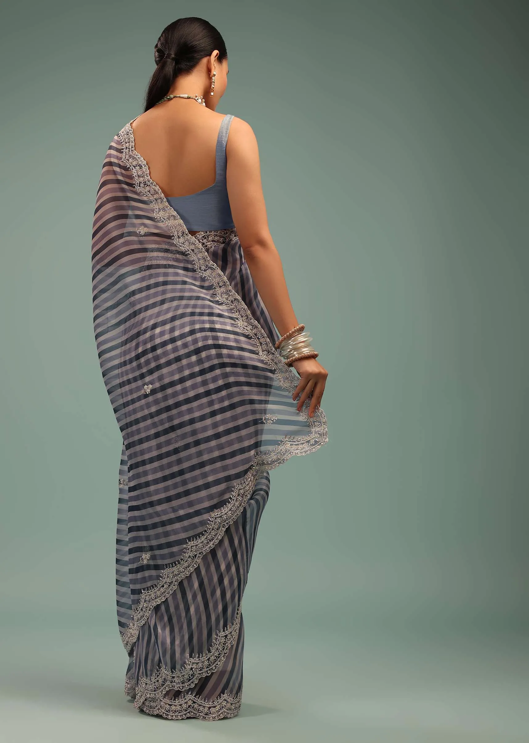 Airforce Blue Saree In Organza With Leheriya Print And Beads Embroidery