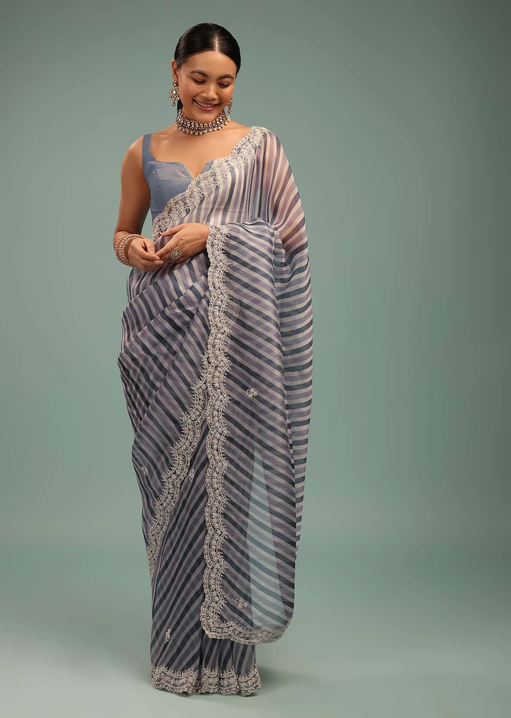 Airforce Blue Saree In Organza With Leheriya Print And Beads Embroidery