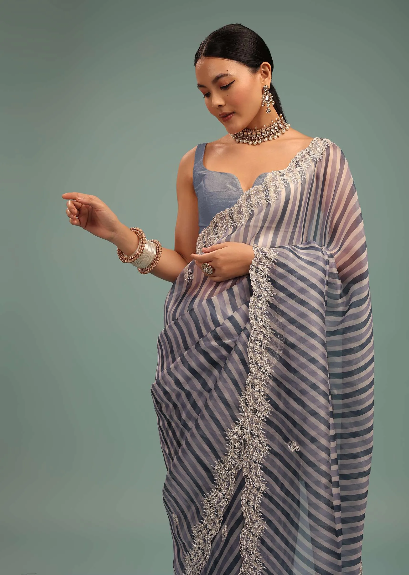 Airforce Blue Saree In Organza With Leheriya Print And Beads Embroidery