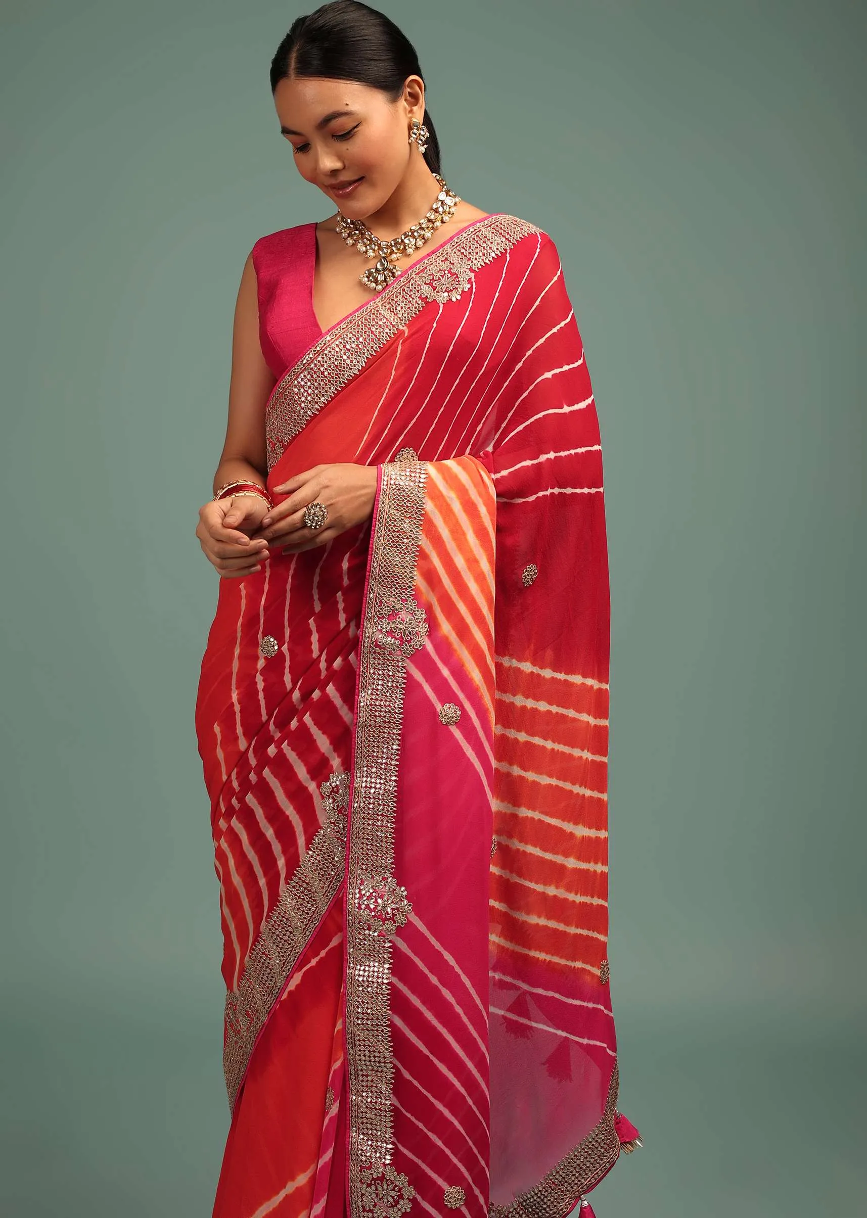 Azalea Pink Leheriya Saree In Georgette With Jaipuri Gotta Work Border And Tassel Pallu