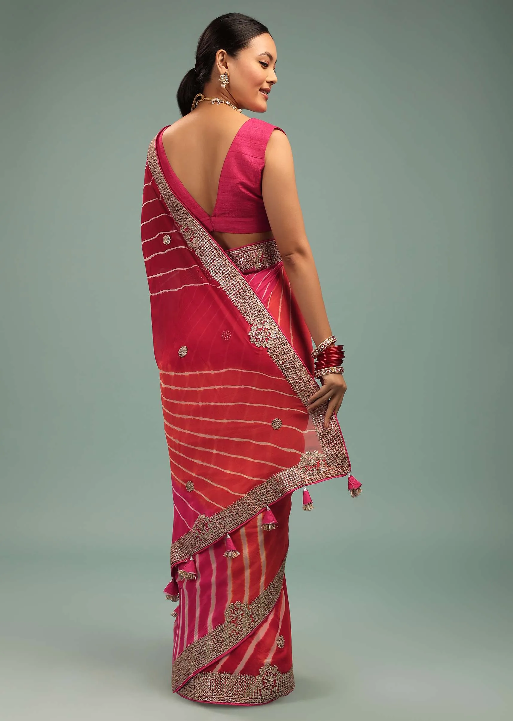 Azalea Pink Leheriya Saree In Georgette With Jaipuri Gotta Work Border And Tassel Pallu