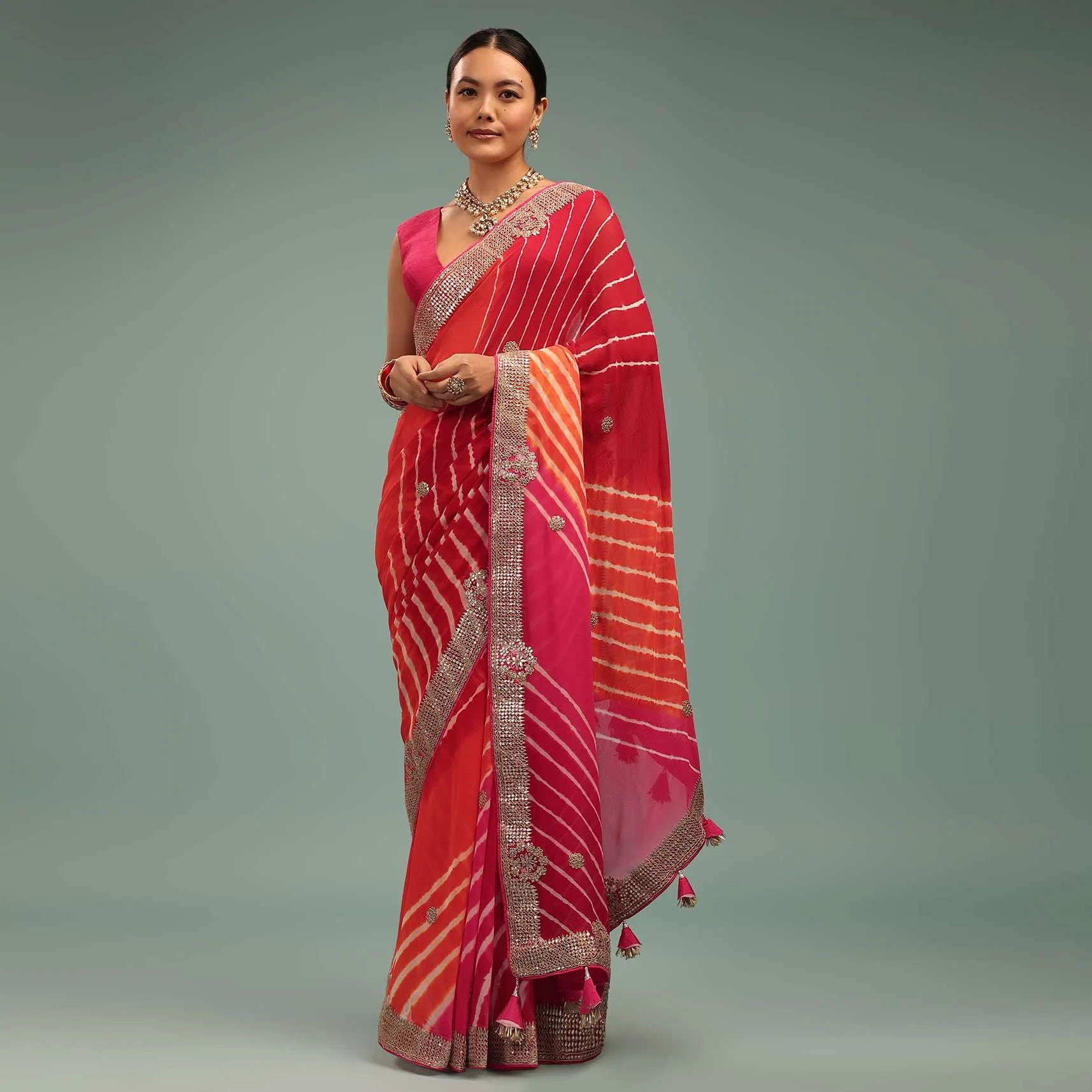 Azalea Pink Leheriya Saree In Georgette With Jaipuri Gotta Work Border And Tassel Pallu