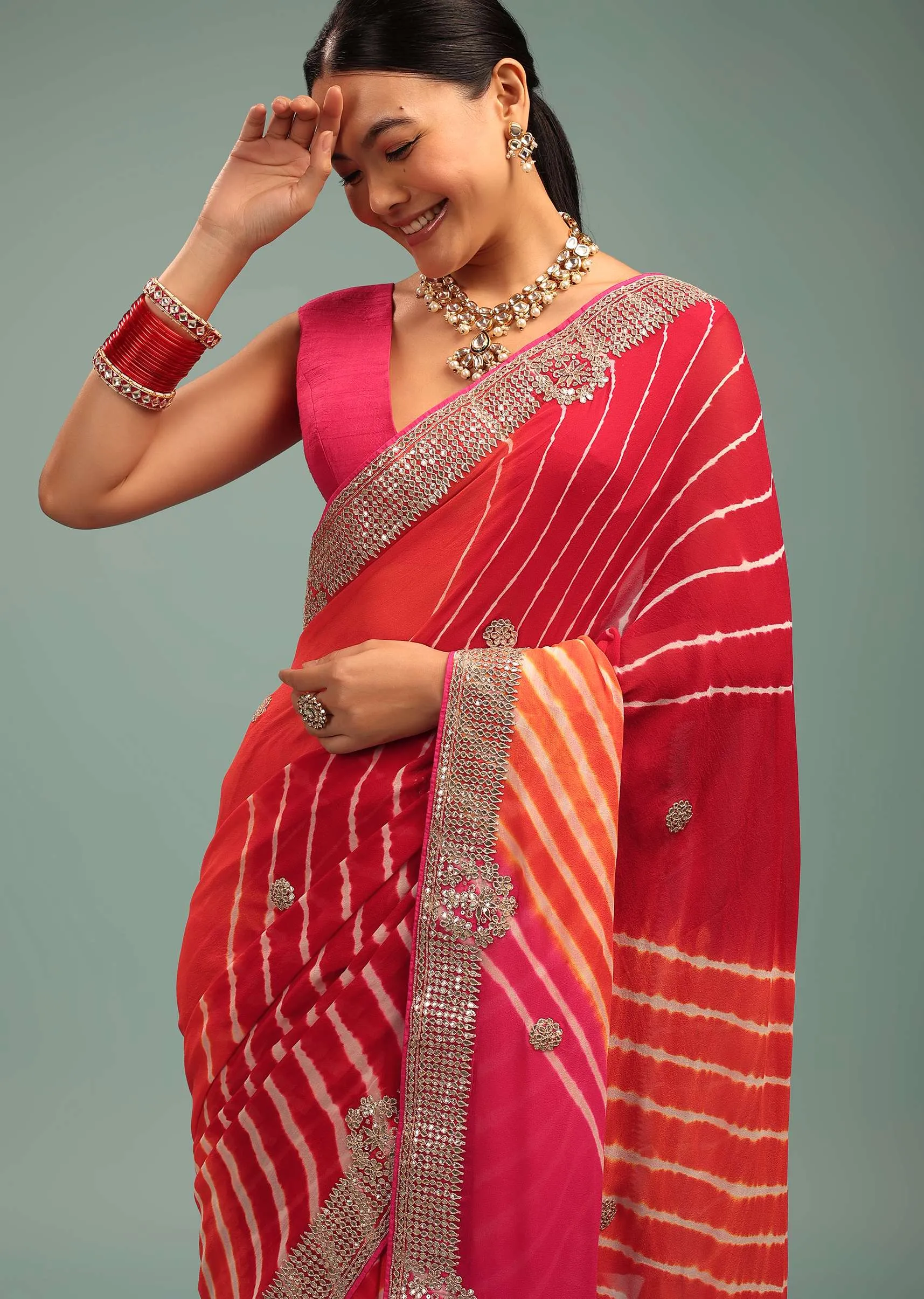 Azalea Pink Leheriya Saree In Georgette With Jaipuri Gotta Work Border And Tassel Pallu