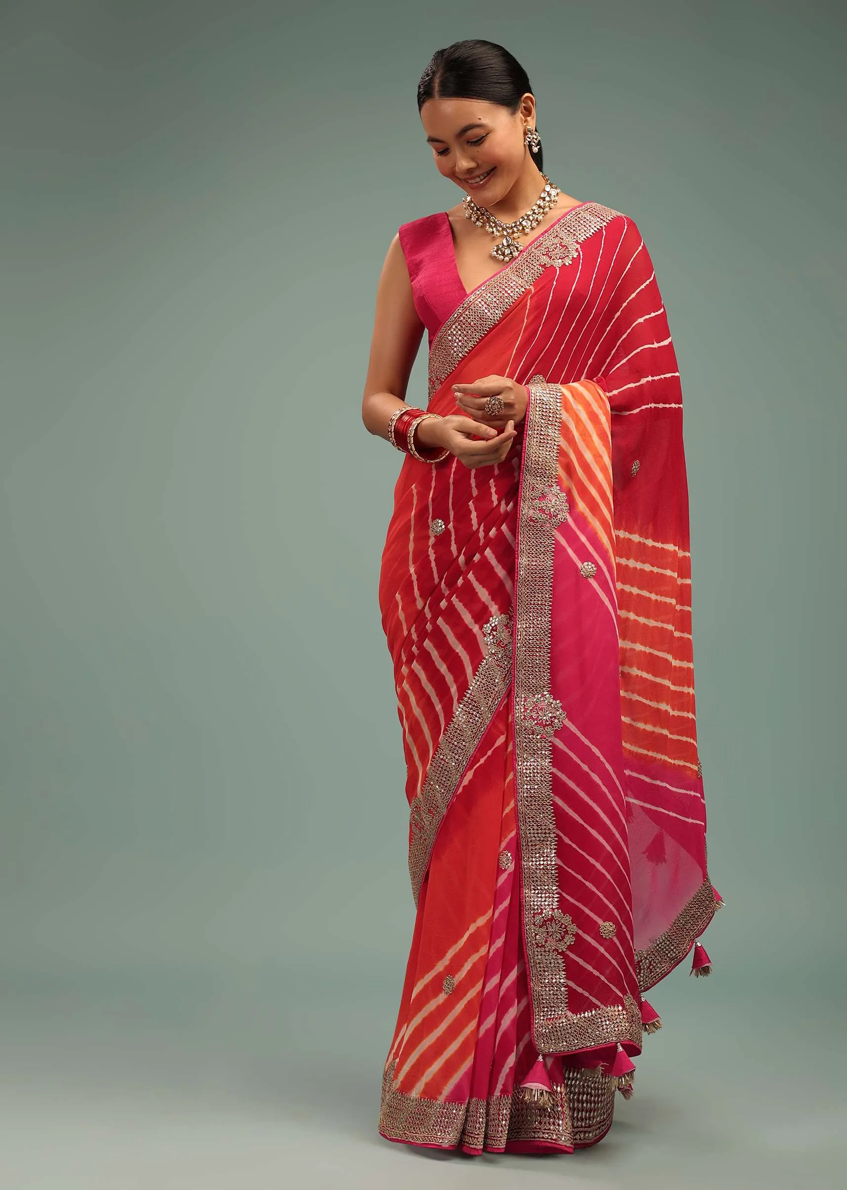 Azalea Pink Leheriya Saree In Georgette With Jaipuri Gotta Work Border And Tassel Pallu