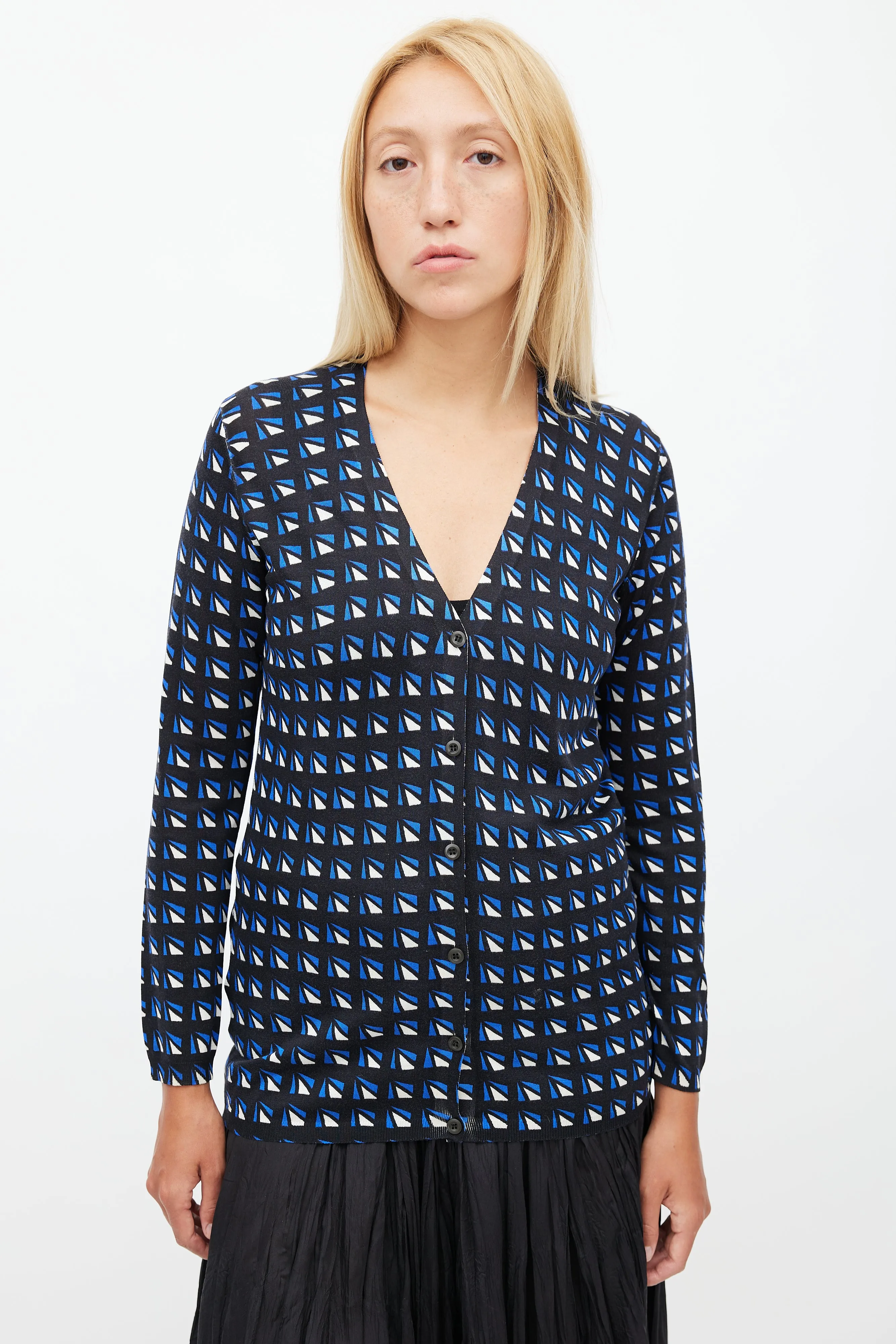 Black & Multicolour Geometric Silk Cardigan