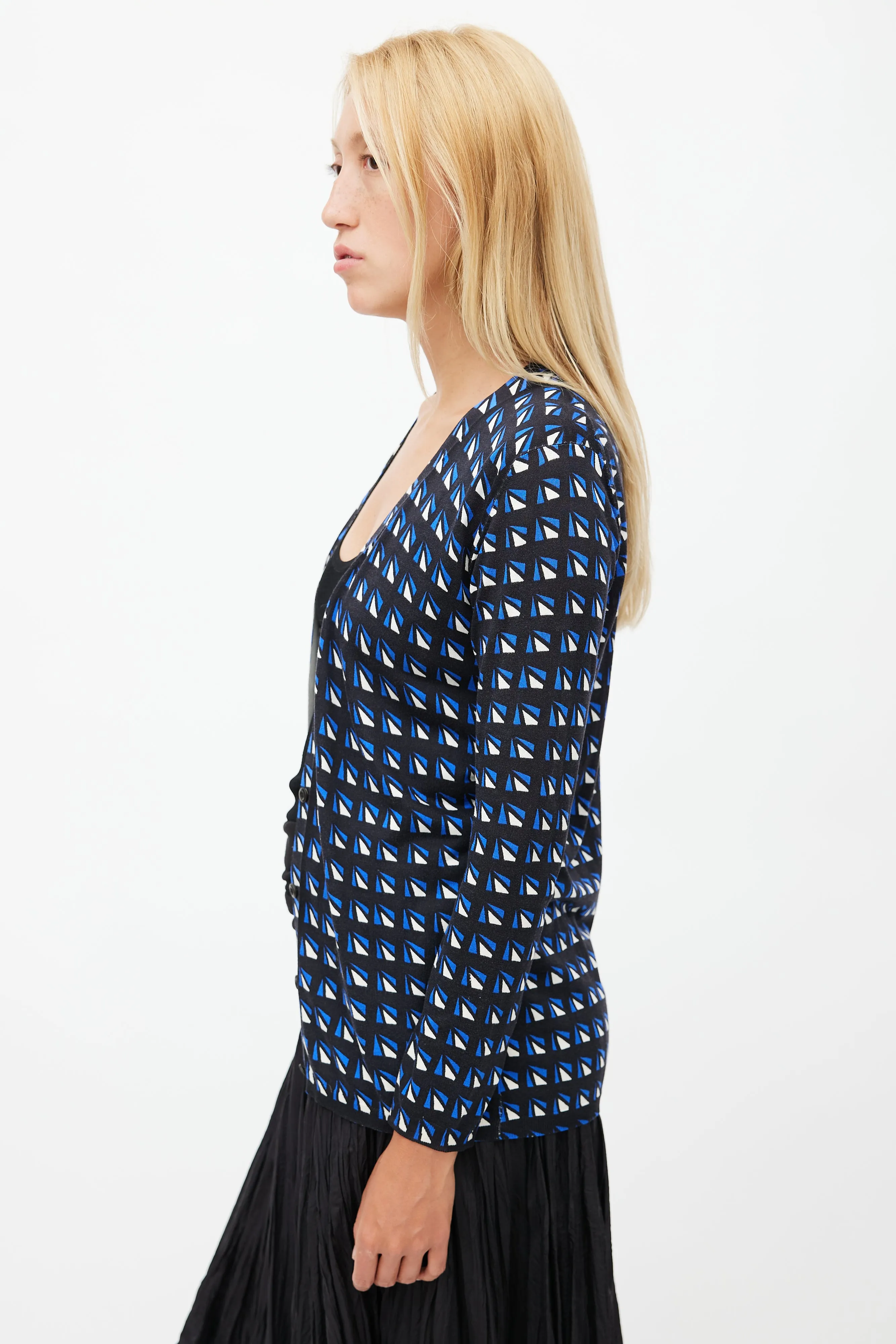 Black & Multicolour Geometric Silk Cardigan