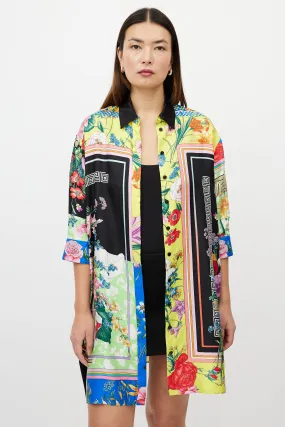 Black & Multicolour Silk Satin Button Up Dress