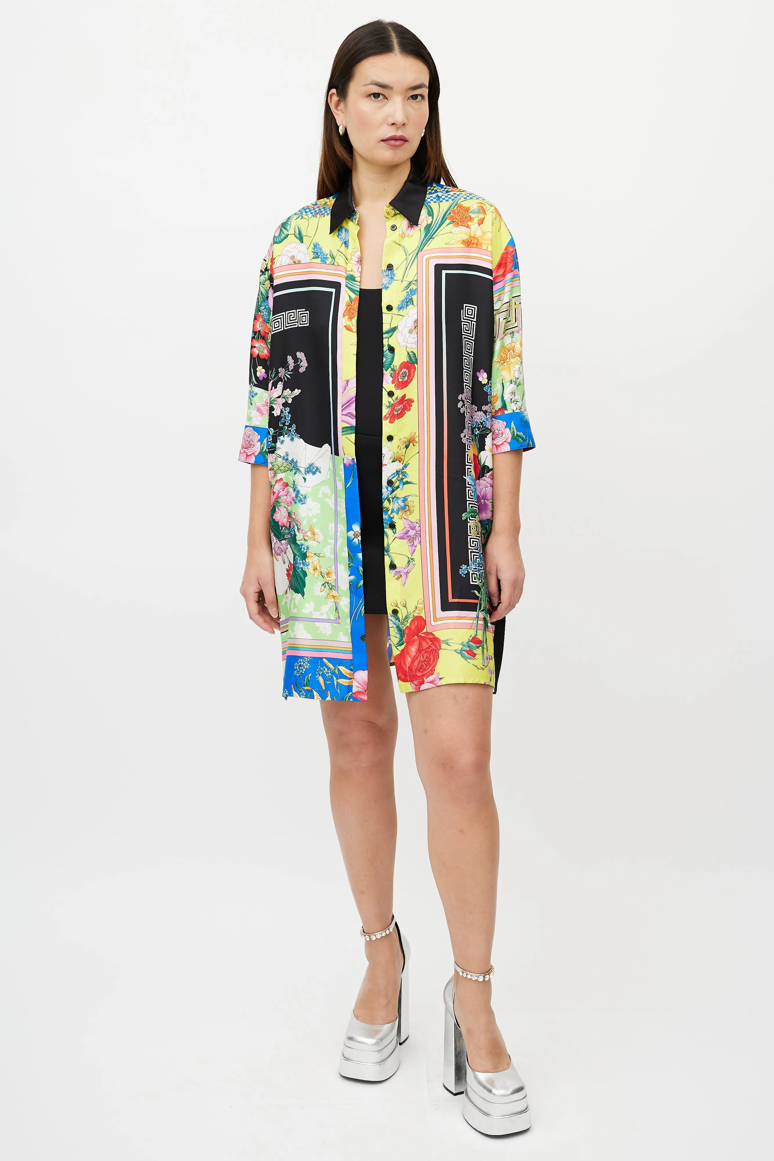 Black & Multicolour Silk Satin Button Up Dress