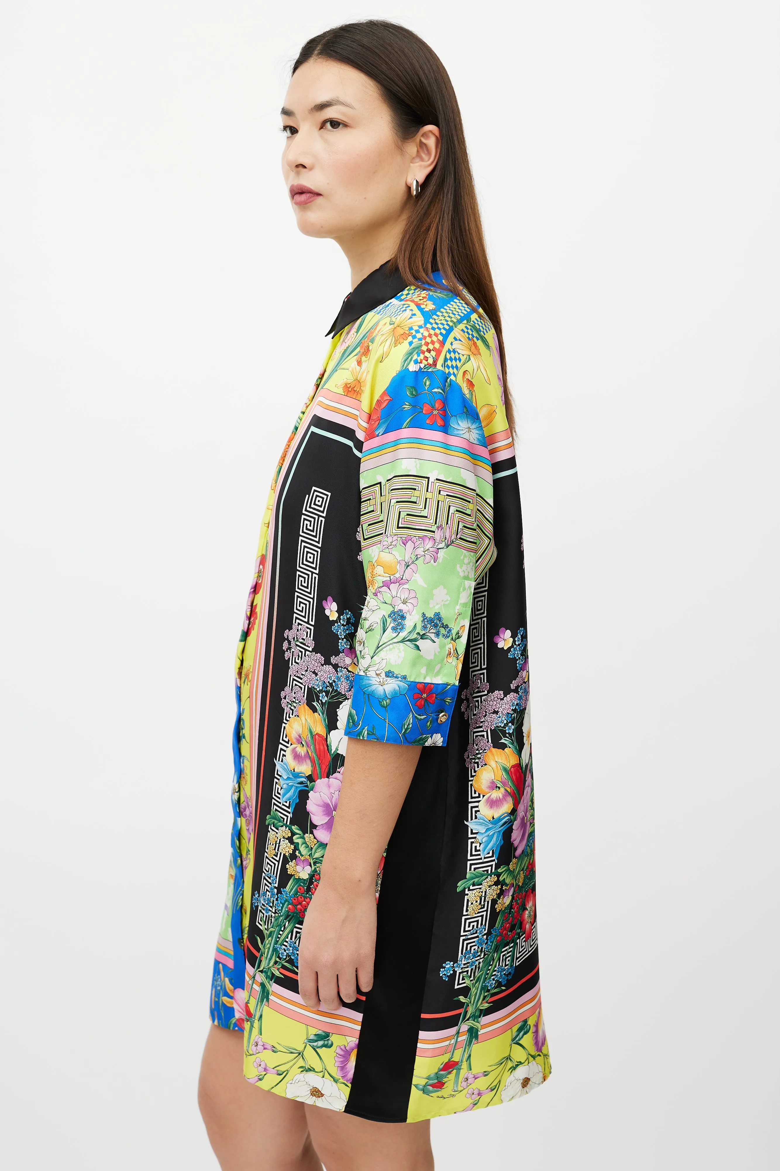 Black & Multicolour Silk Satin Button Up Dress