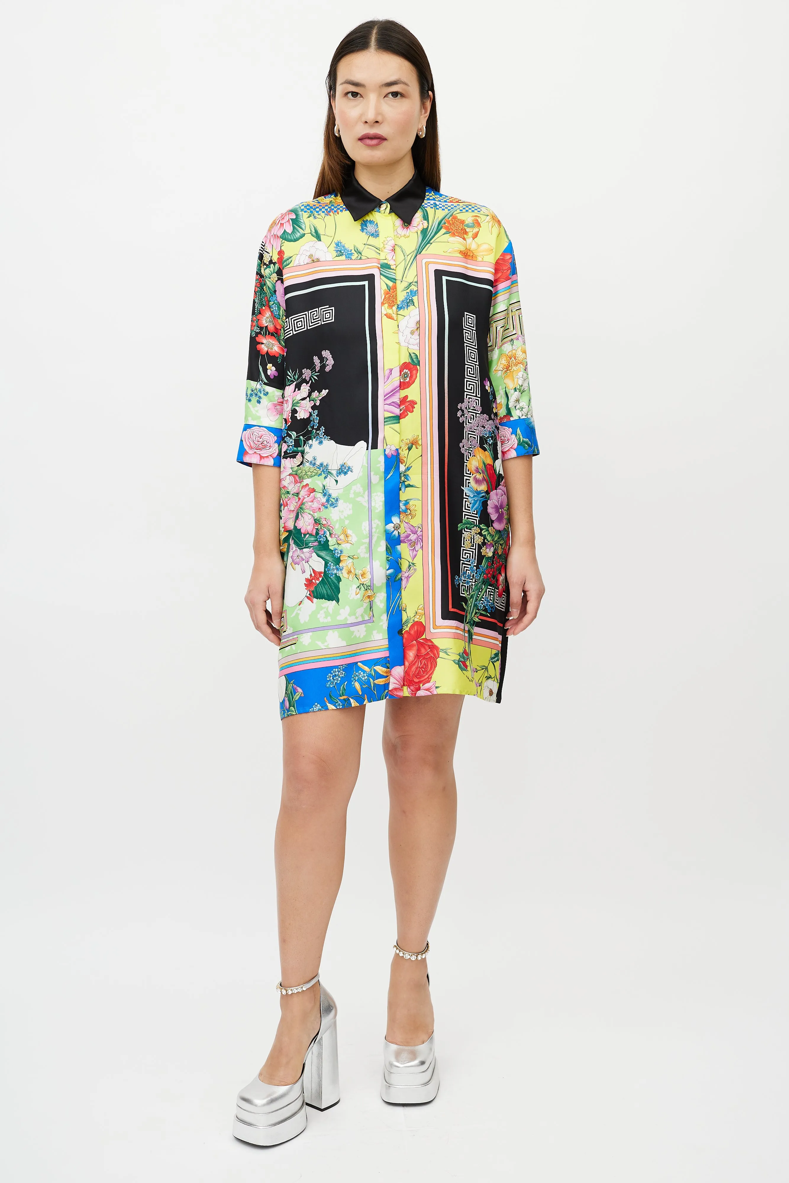 Black & Multicolour Silk Satin Button Up Dress