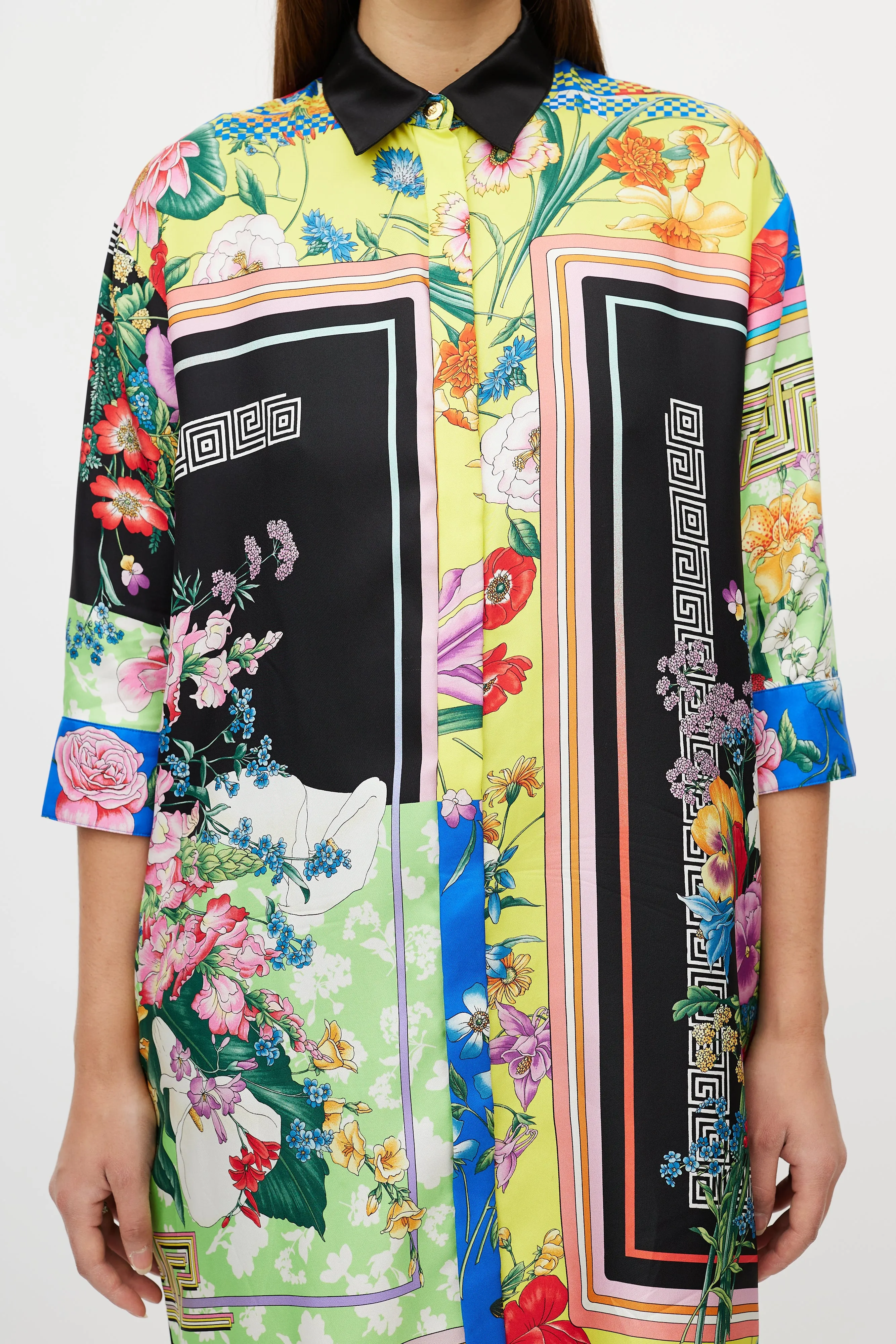 Black & Multicolour Silk Satin Button Up Dress