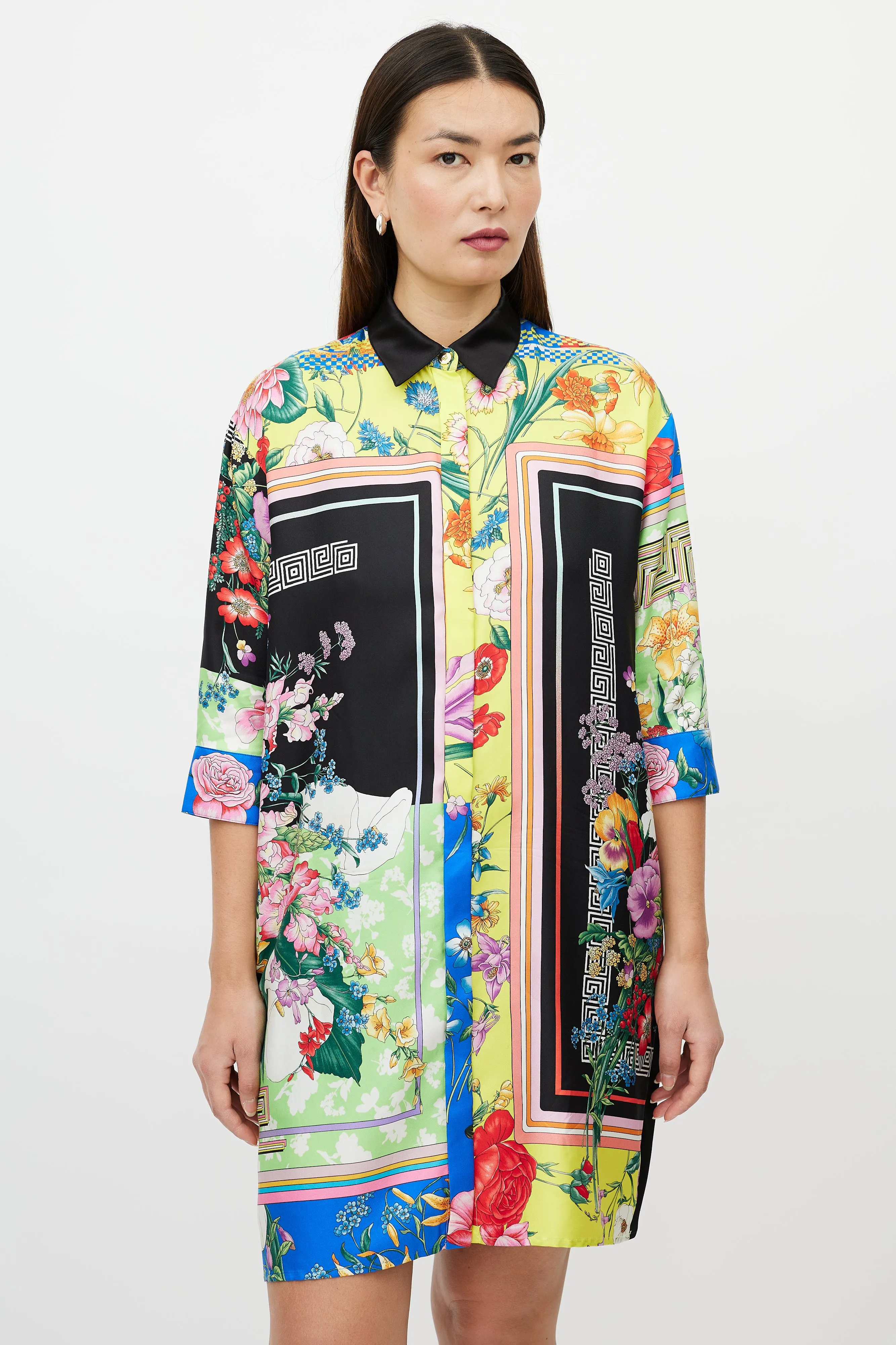 Black & Multicolour Silk Satin Button Up Dress