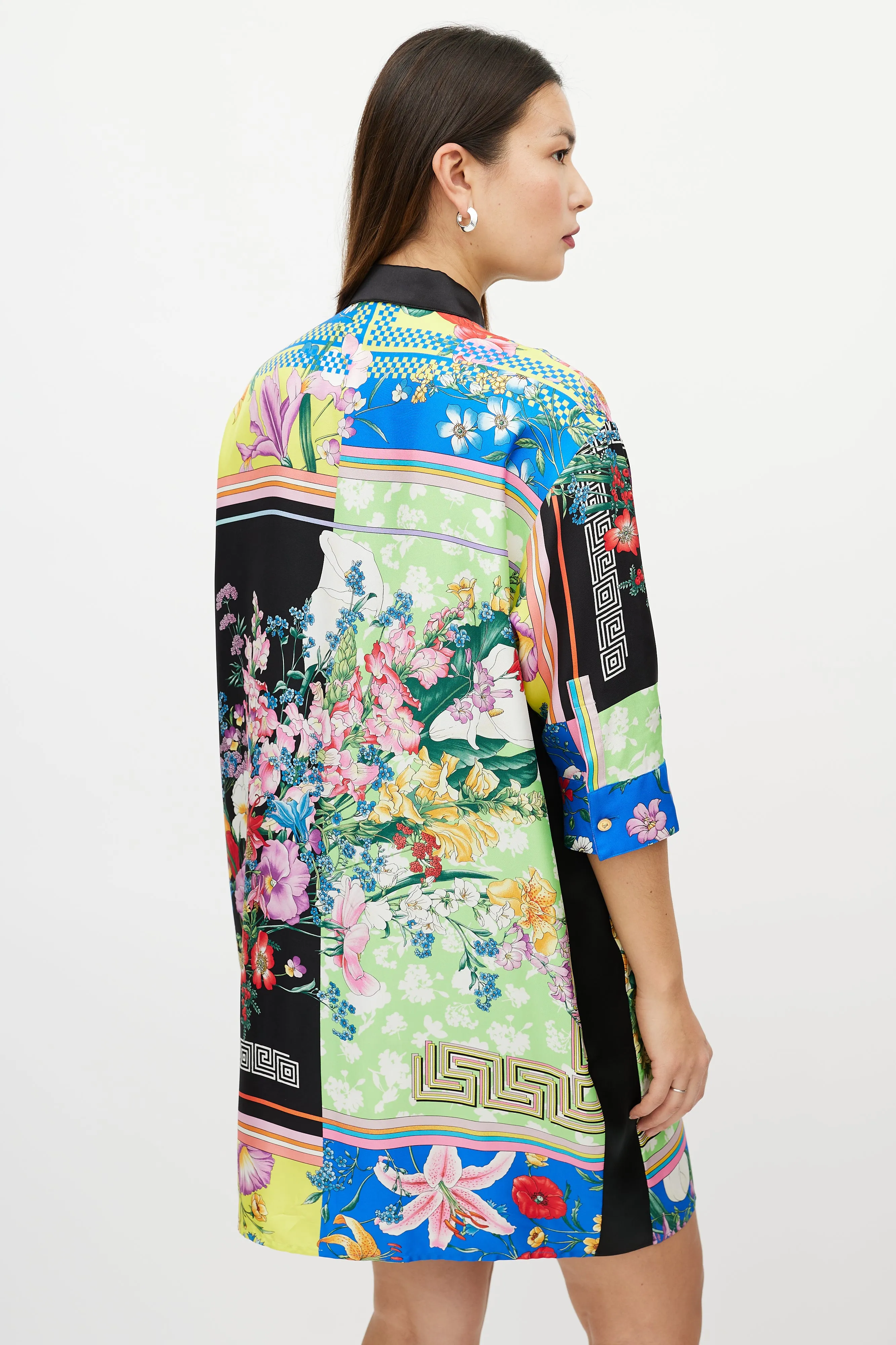 Black & Multicolour Silk Satin Button Up Dress