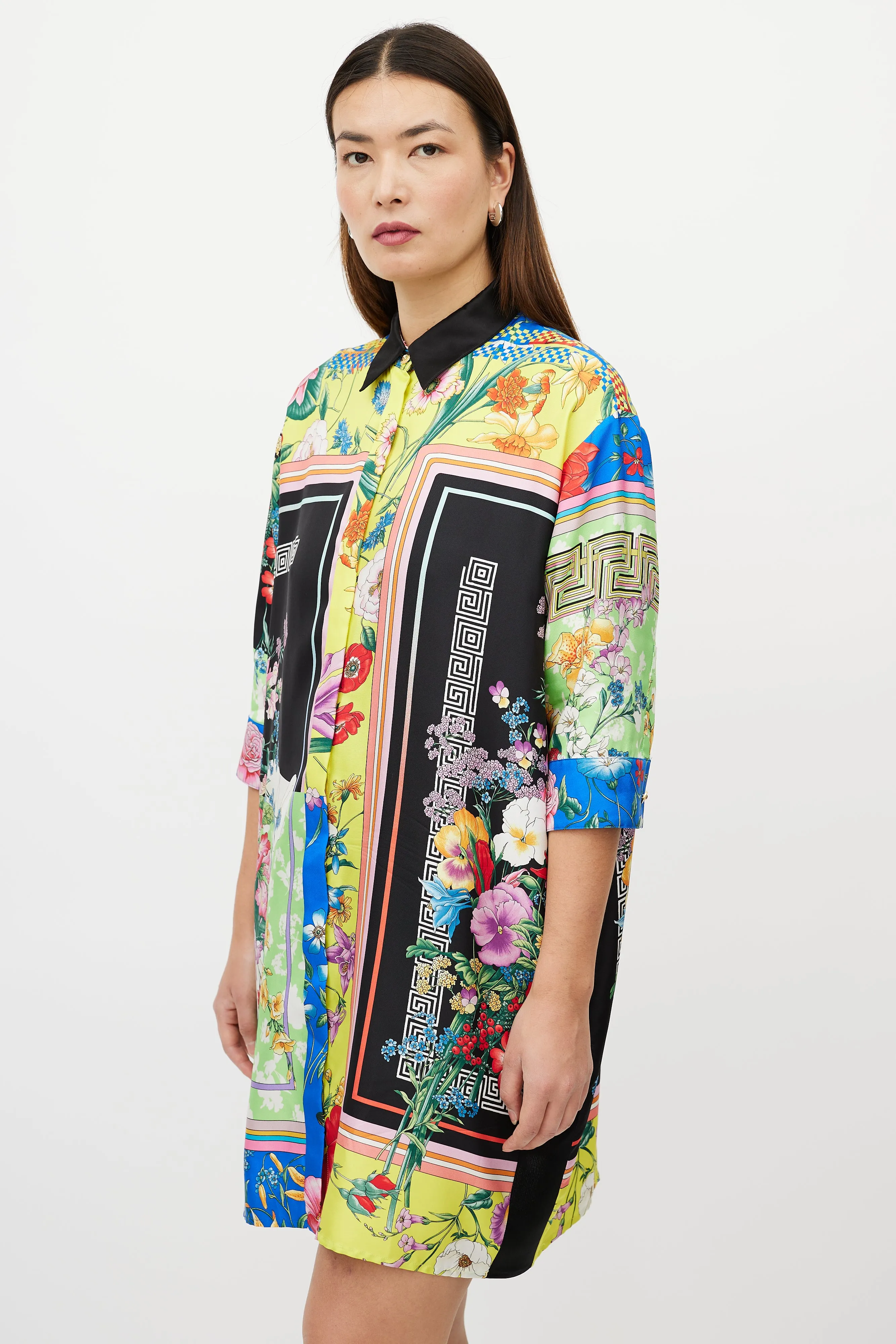 Black & Multicolour Silk Satin Button Up Dress