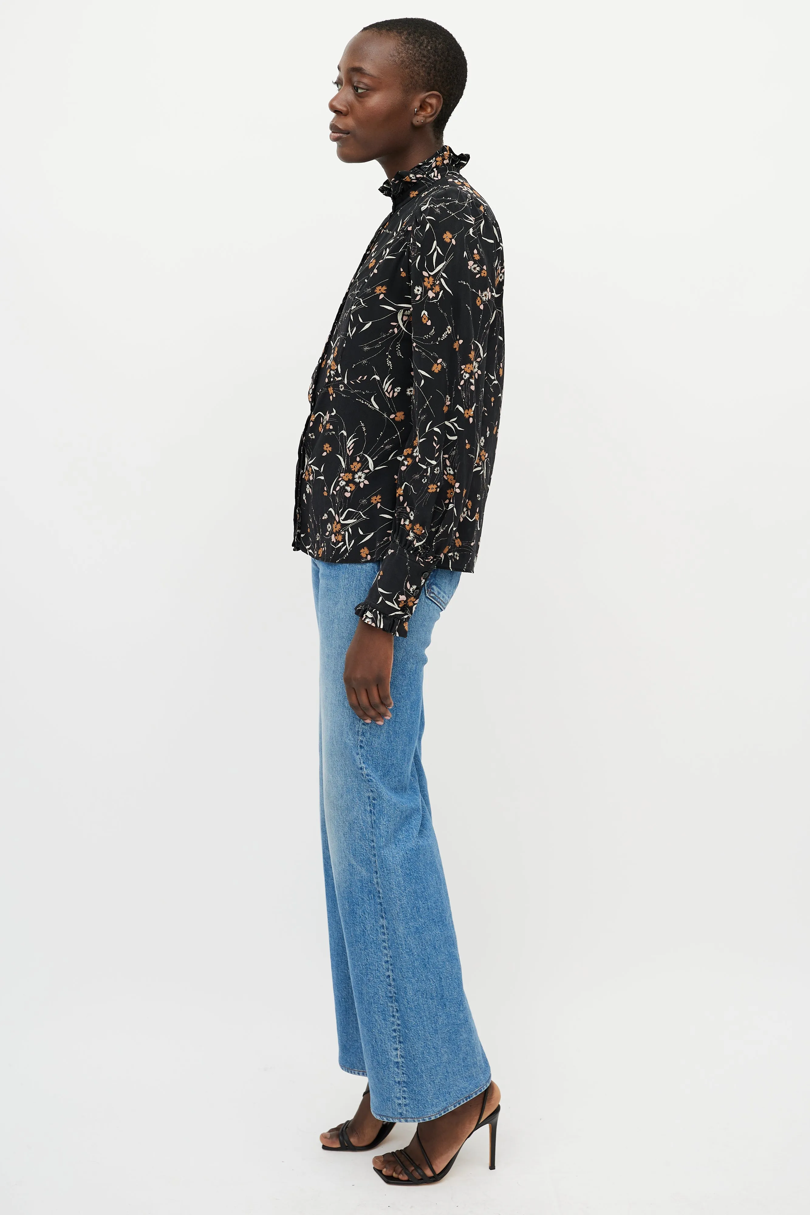 Black & Orange Floral Button Up Top