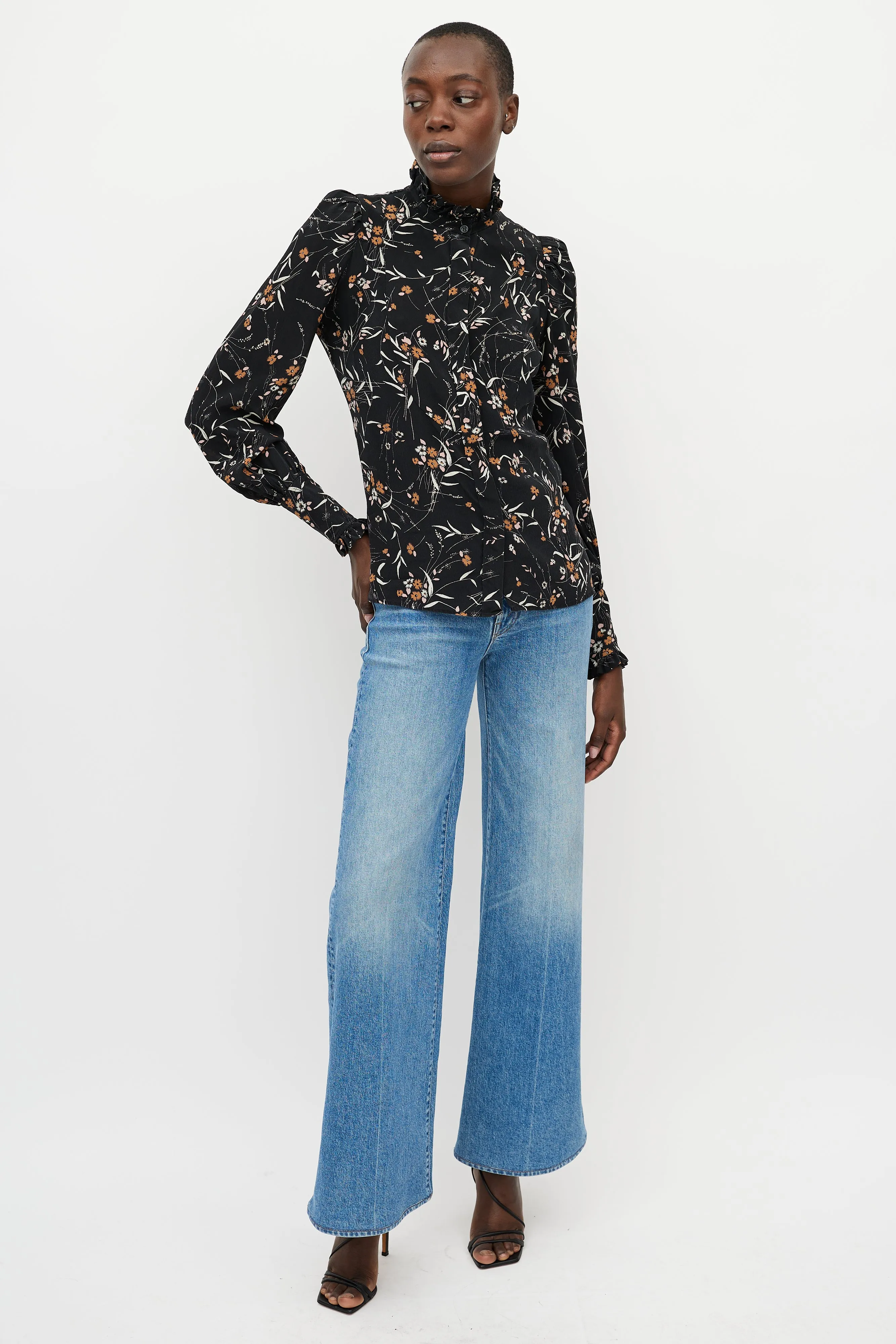 Black & Orange Floral Button Up Top