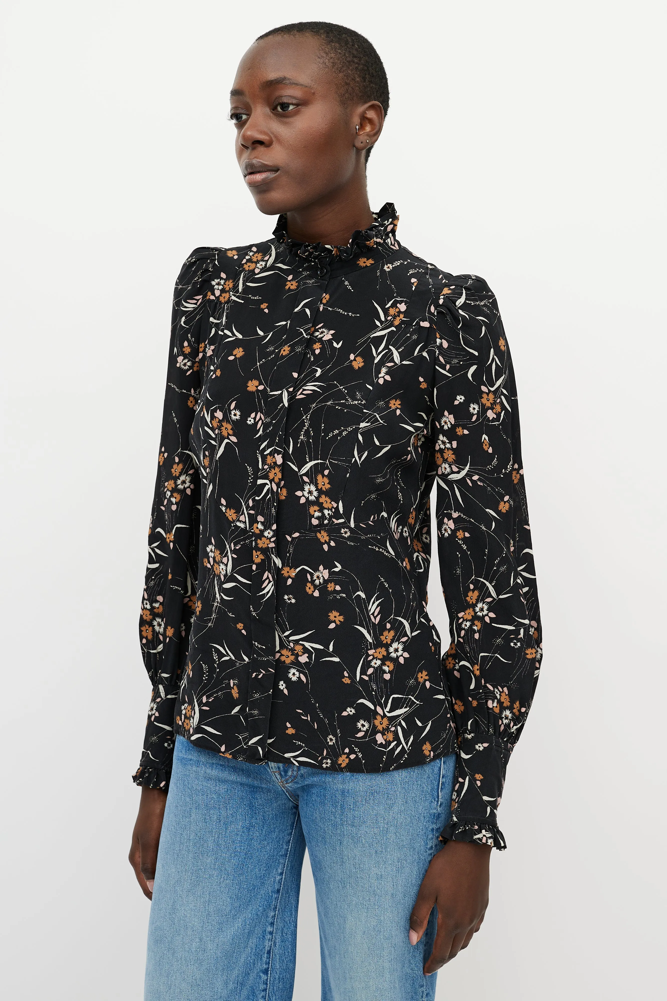 Black & Orange Floral Button Up Top