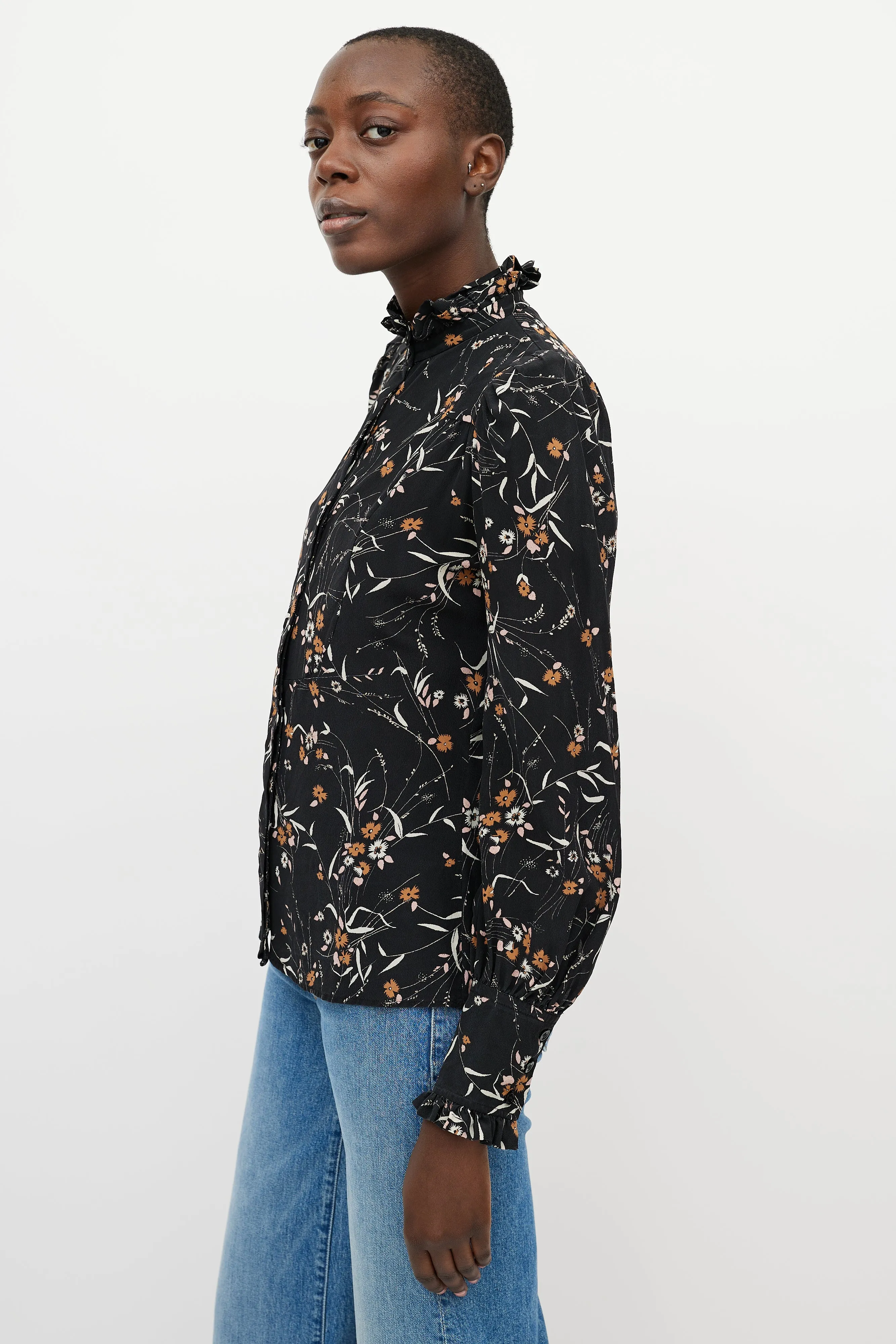 Black & Orange Floral Button Up Top
