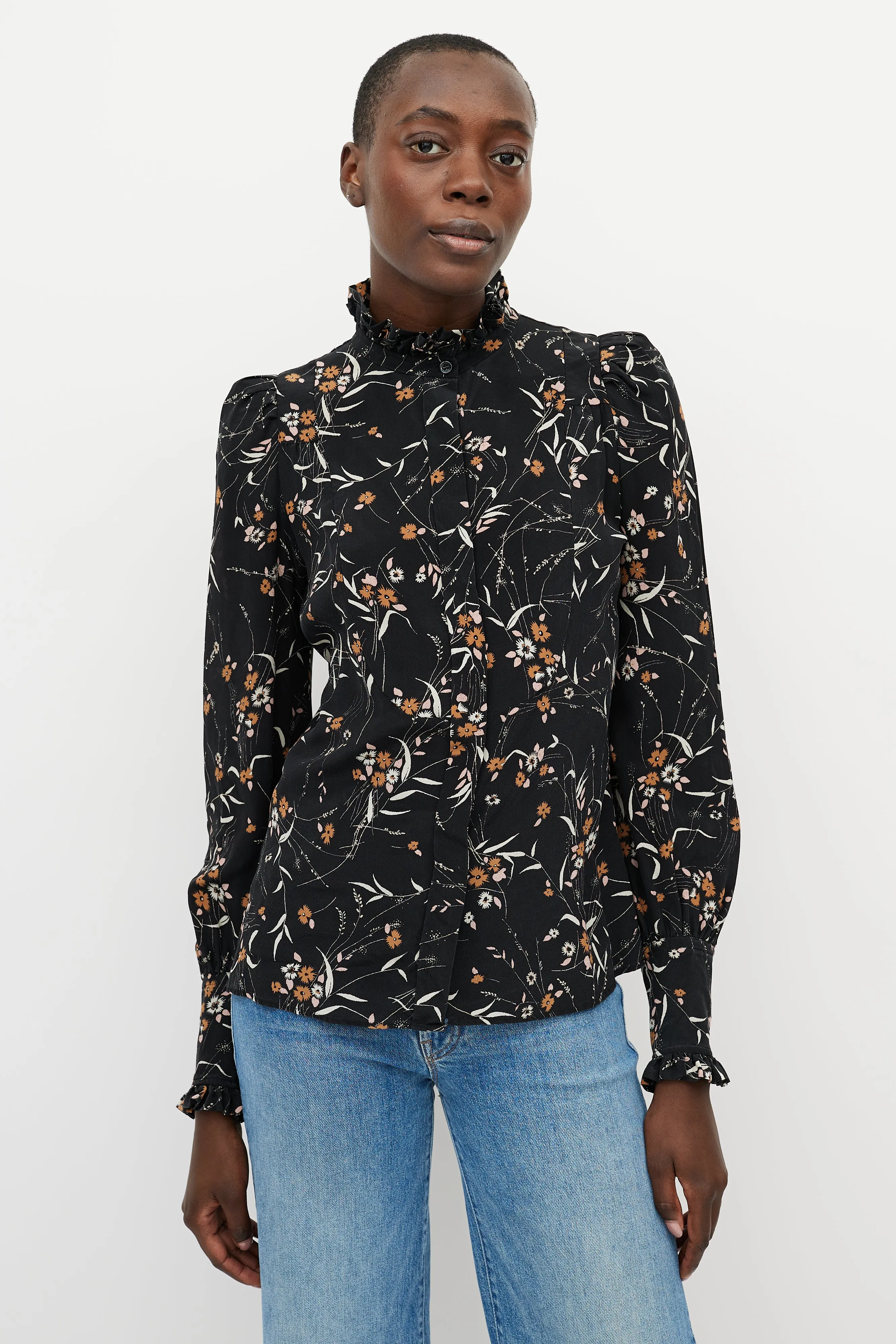 Black & Orange Floral Button Up Top