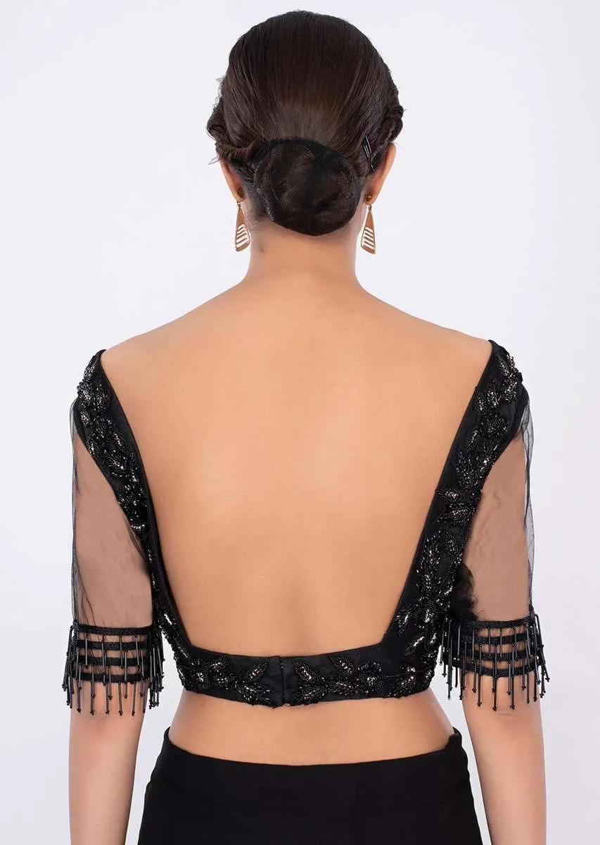 Black georgette draped saree with net embroidered blouse only on kalki
