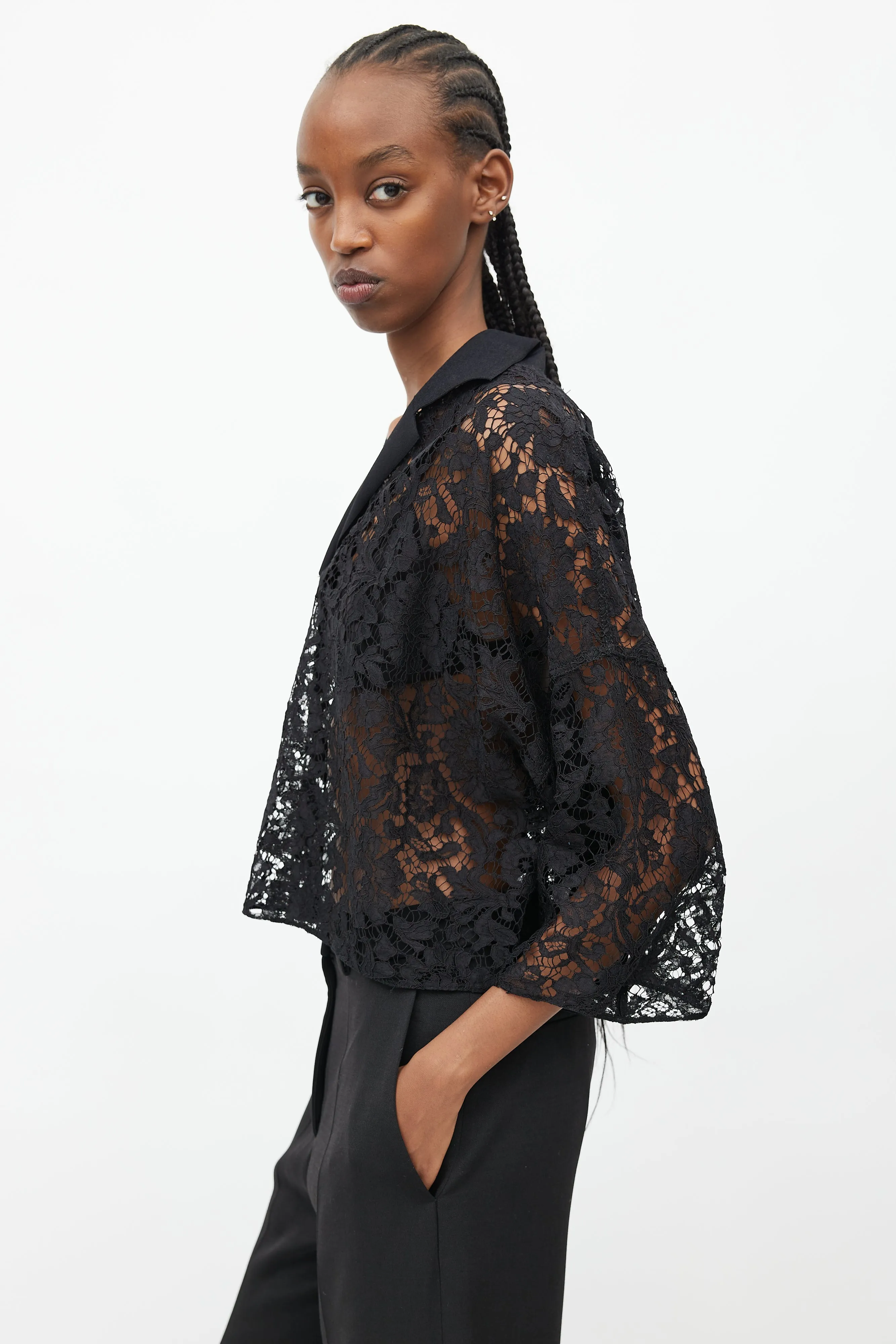 Black Sheer Lace Oversized Blouse