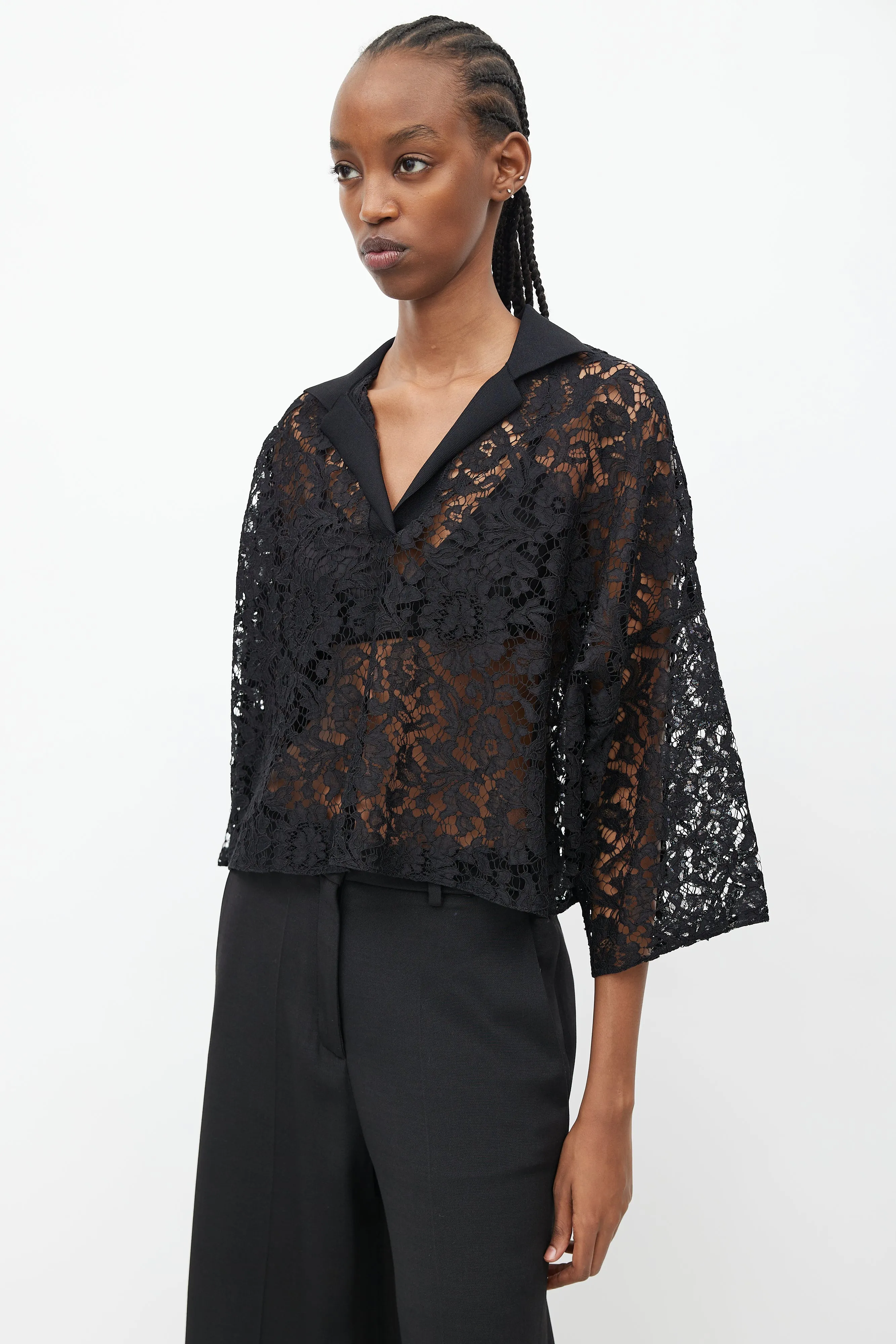 Black Sheer Lace Oversized Blouse